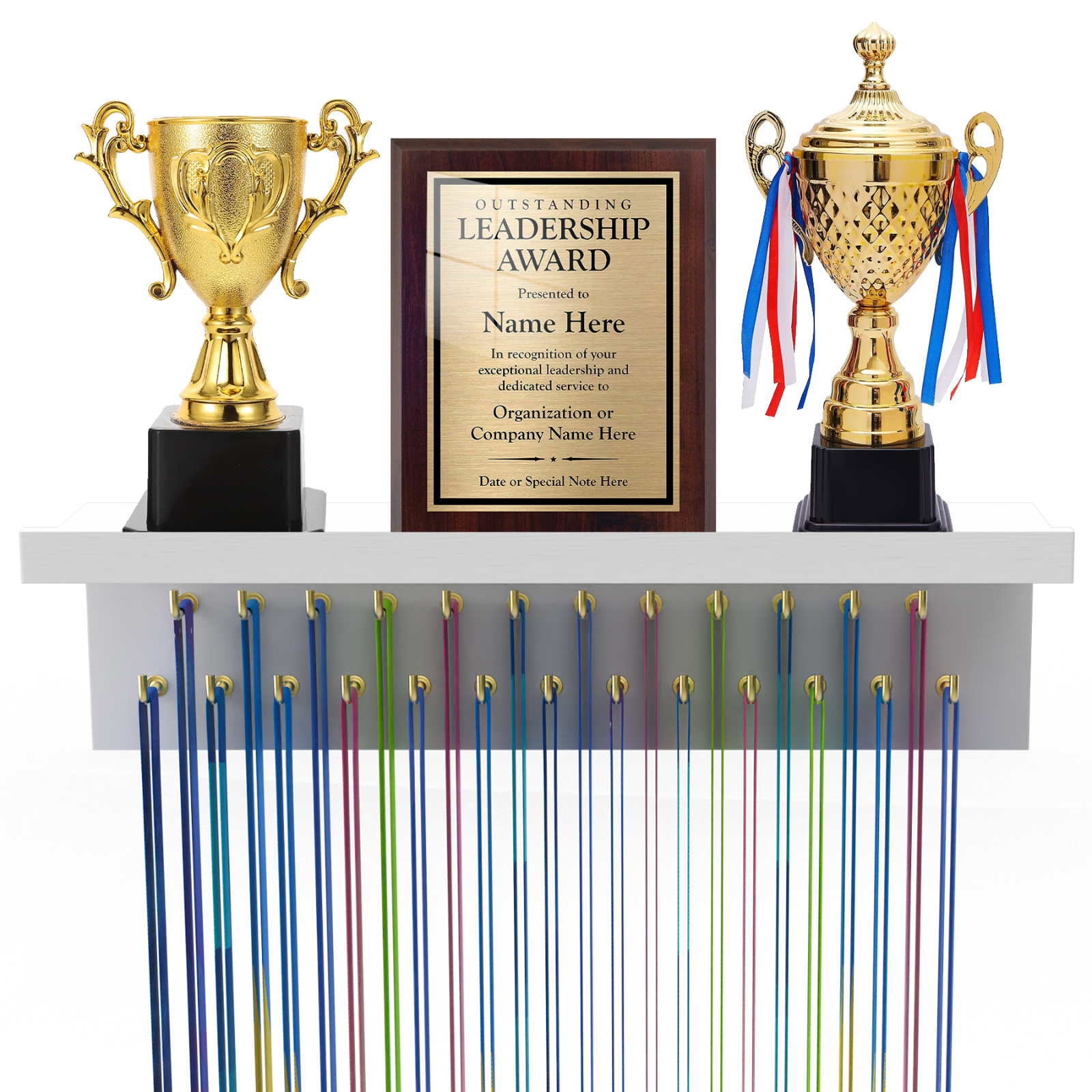 Medal Hanger Display, Non-Slip Trophy Shelf with 25 Hooks, Wall Mount Ribbon Med