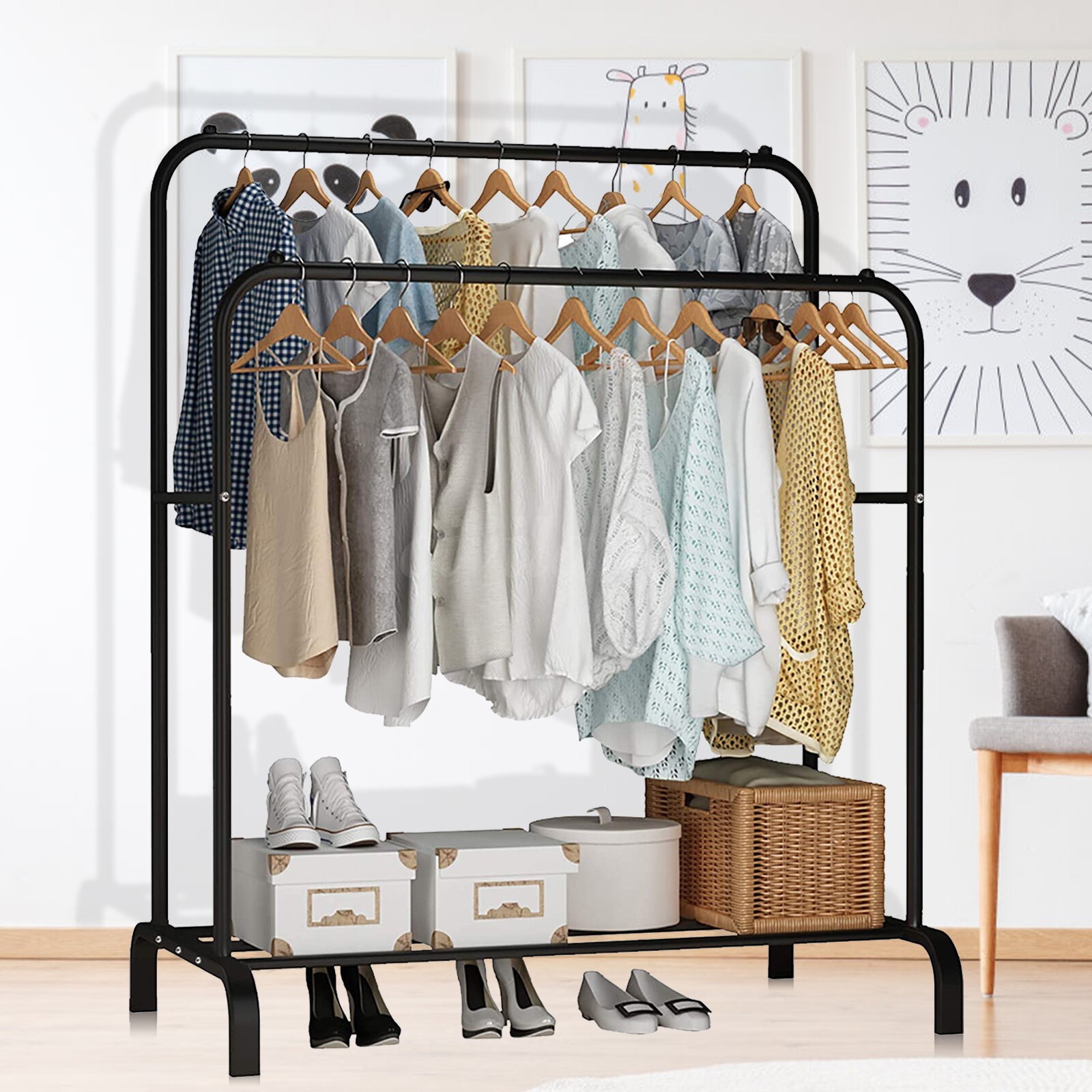 Heavy Duty Clothing Garment Rack Rolling Double Rails Clothes Organizer Hanger