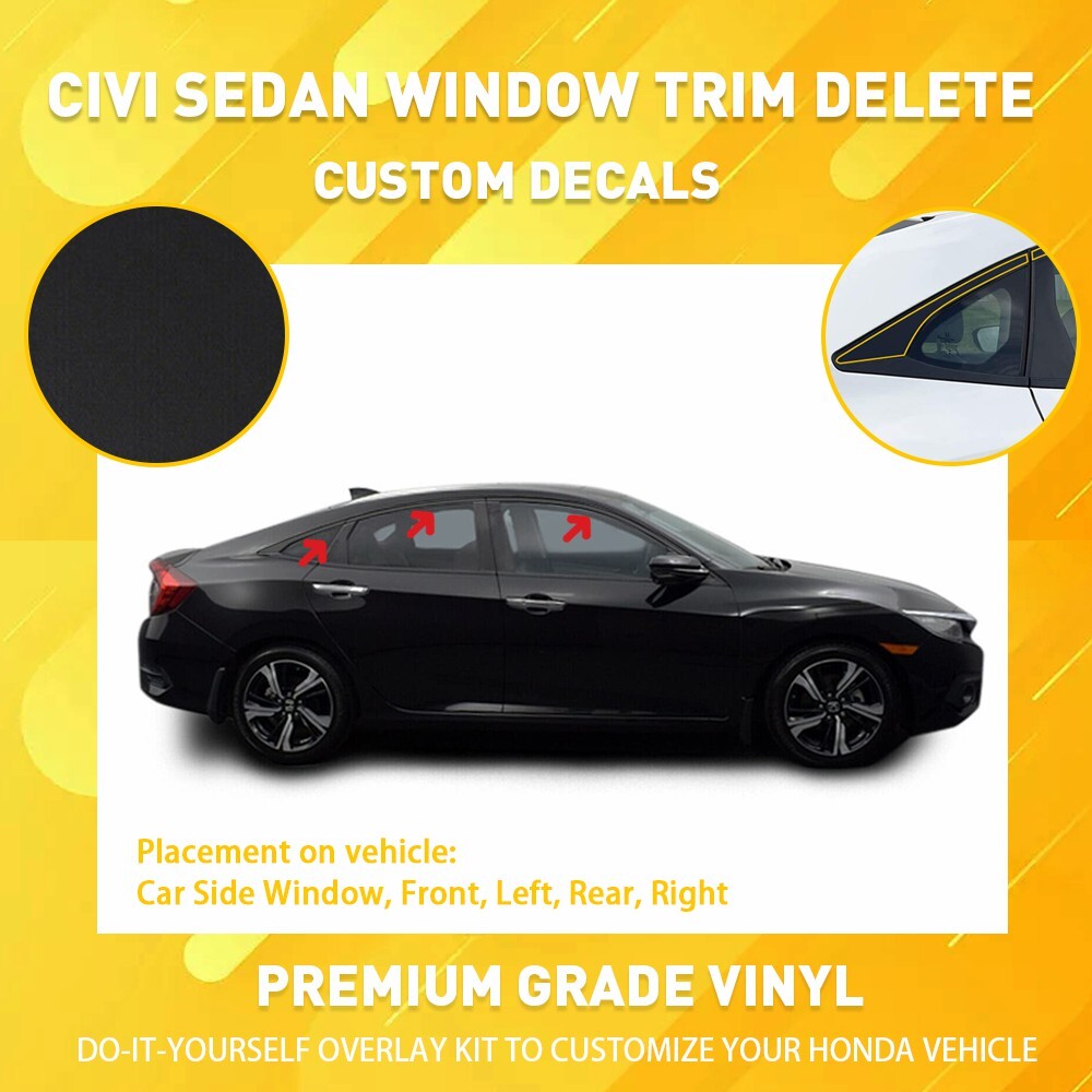 Chrome Delete Blackout Overlay for 2016-21 Honda Civic Sedan Window Trim BLACK