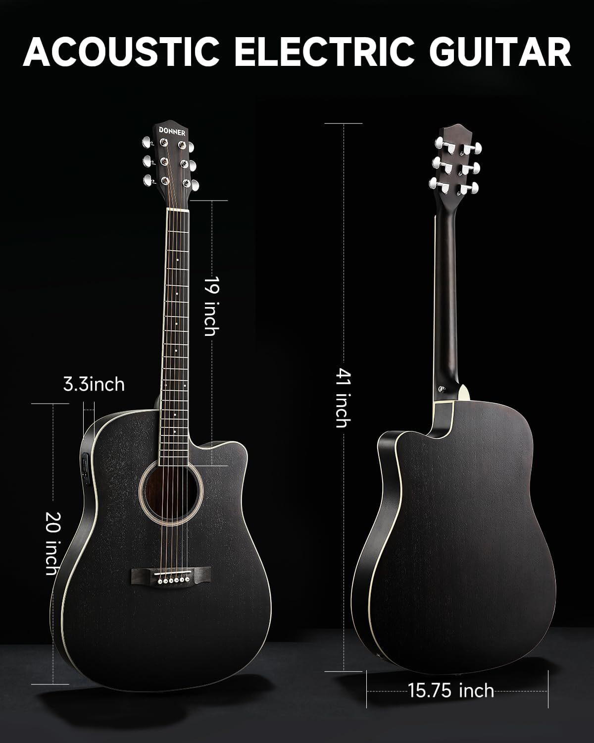 Donner 41 inch Acoustic Electric Guitar 4/4 Full Size With Gig Bag Strap | Black