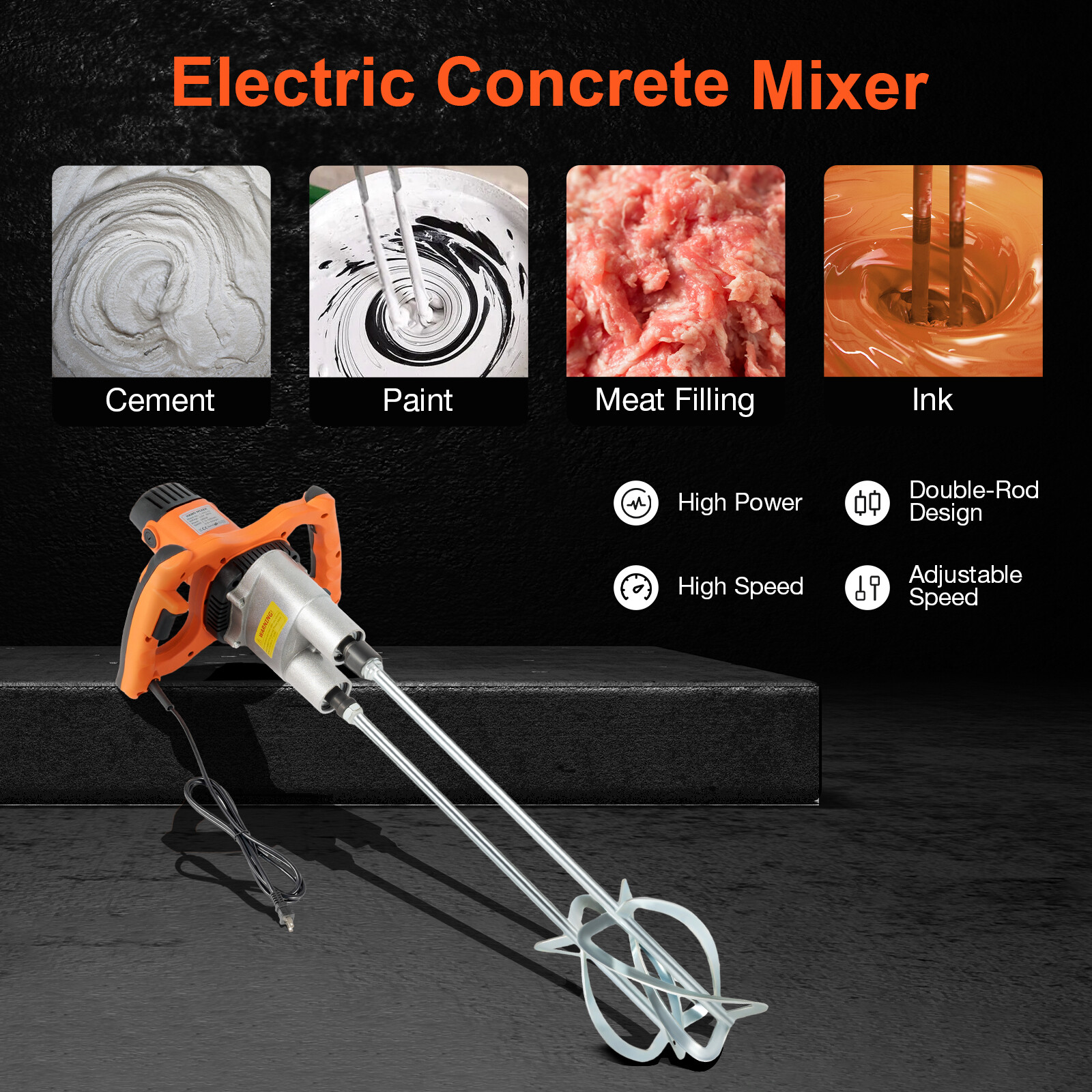 1800W Portable Electric Concrete Cement Mixer Double Rod Grout Stirring Mixer