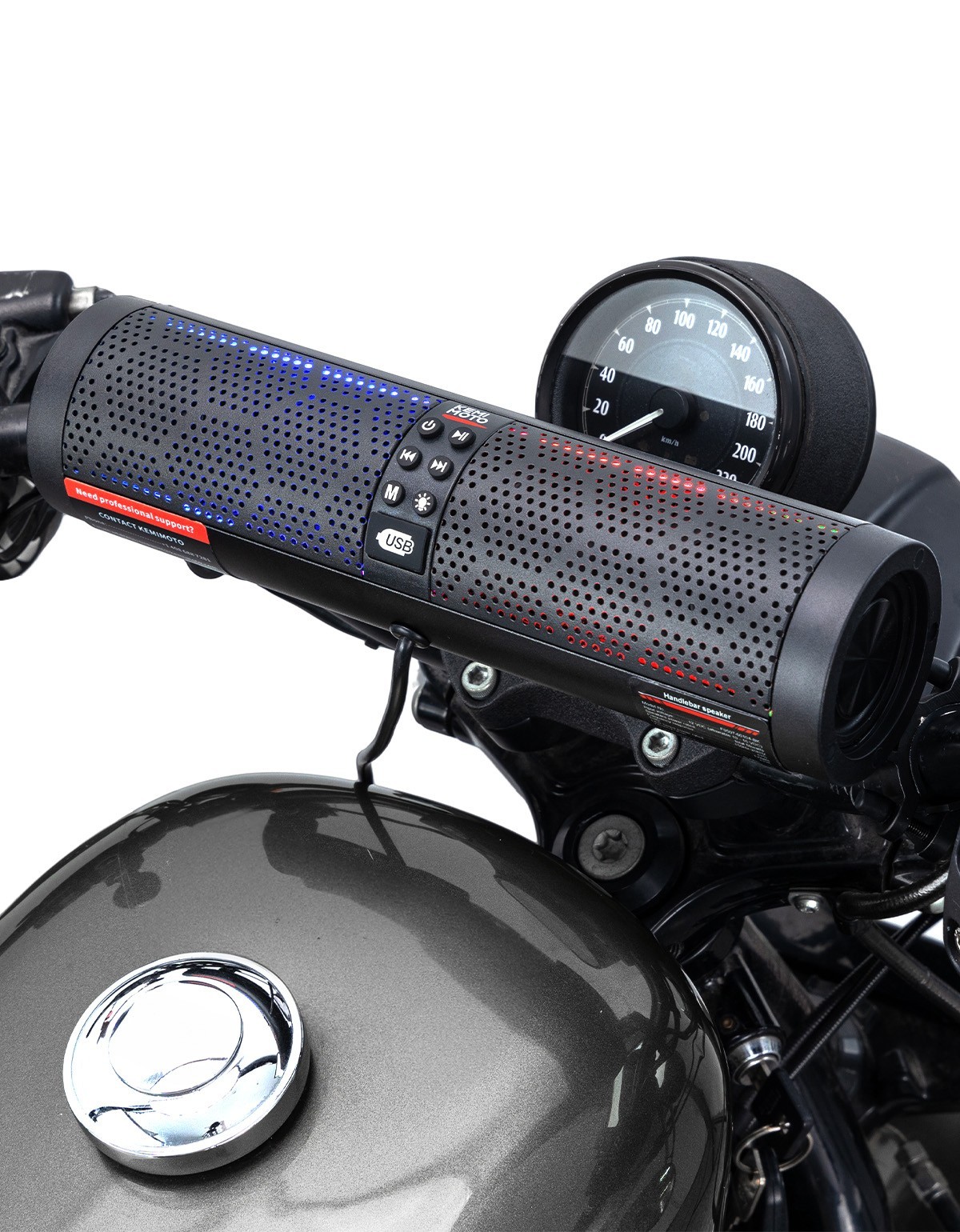 4-Speaker Motorcycle Sound Bar Bluetooth USB Audio System for 7/8-1.2" Handlebar
