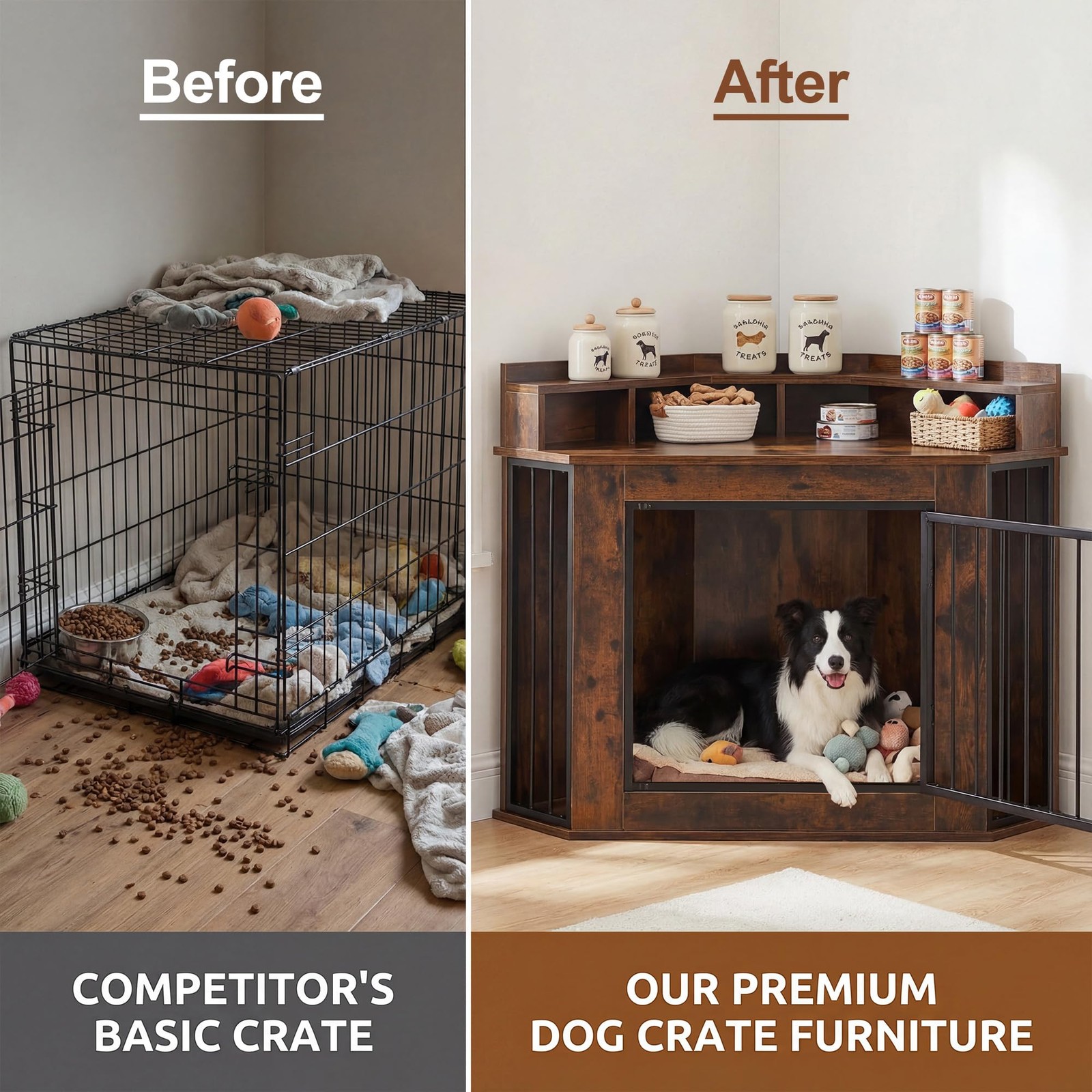 Corner Dog Crate Furniture Wooden 2-Tier Storage Shelves Anti-Chew TV Stand