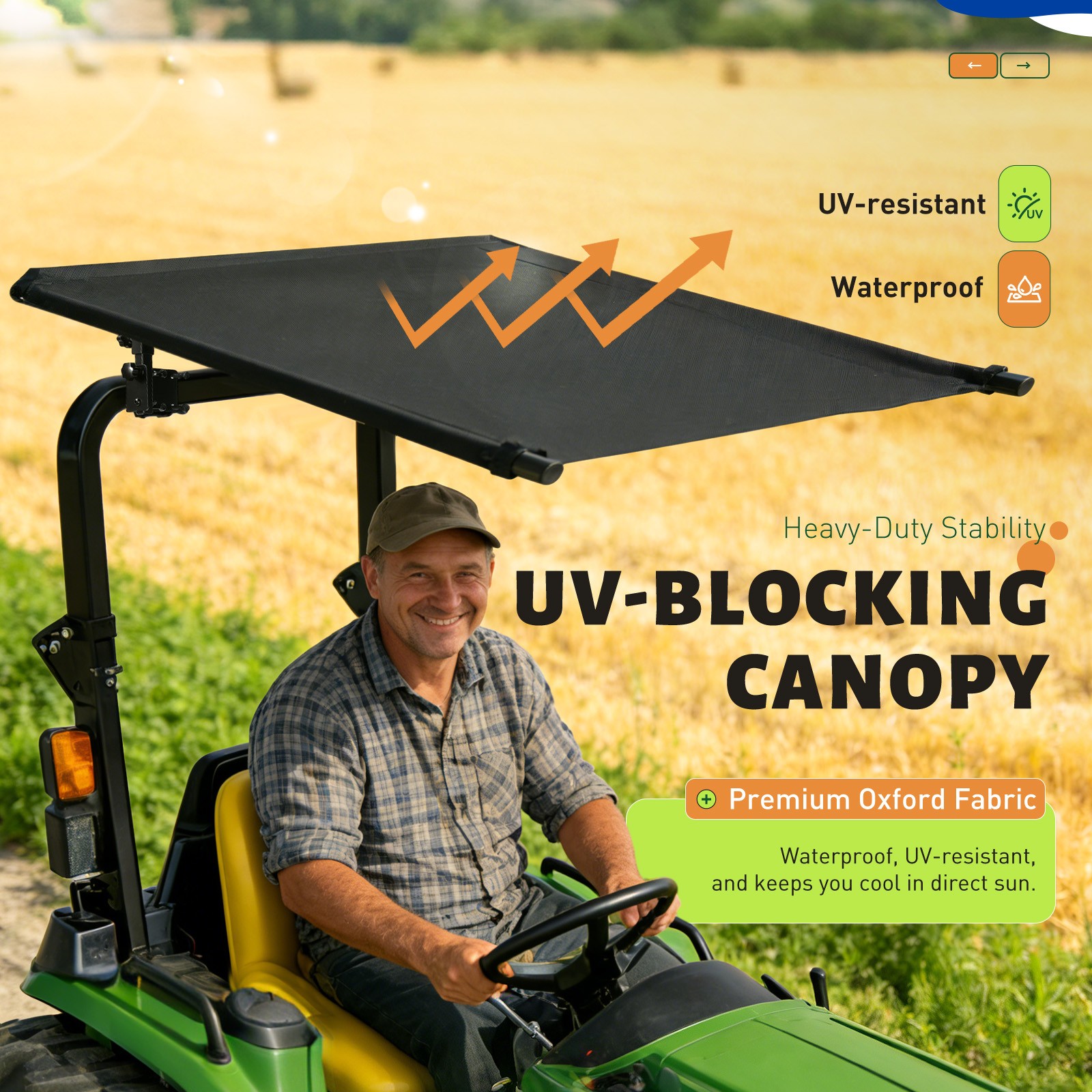 Tractor Canopy Sun Shade Roof Top for Lawn Mower ROPS, UV Cover