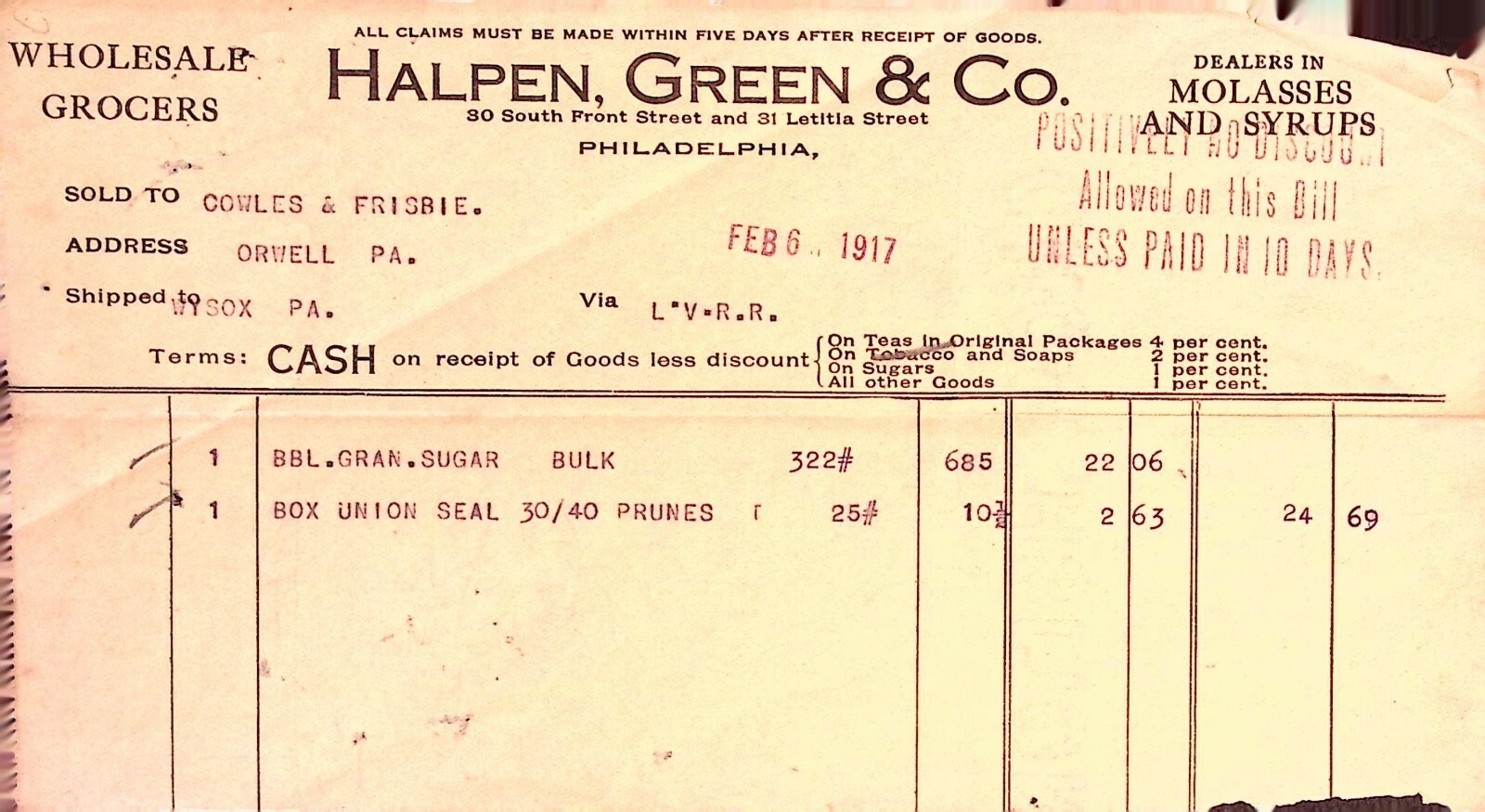 Halpen Green & Co Grocers Philadelphia 1917 Billhead Invoice Sugar Prunes