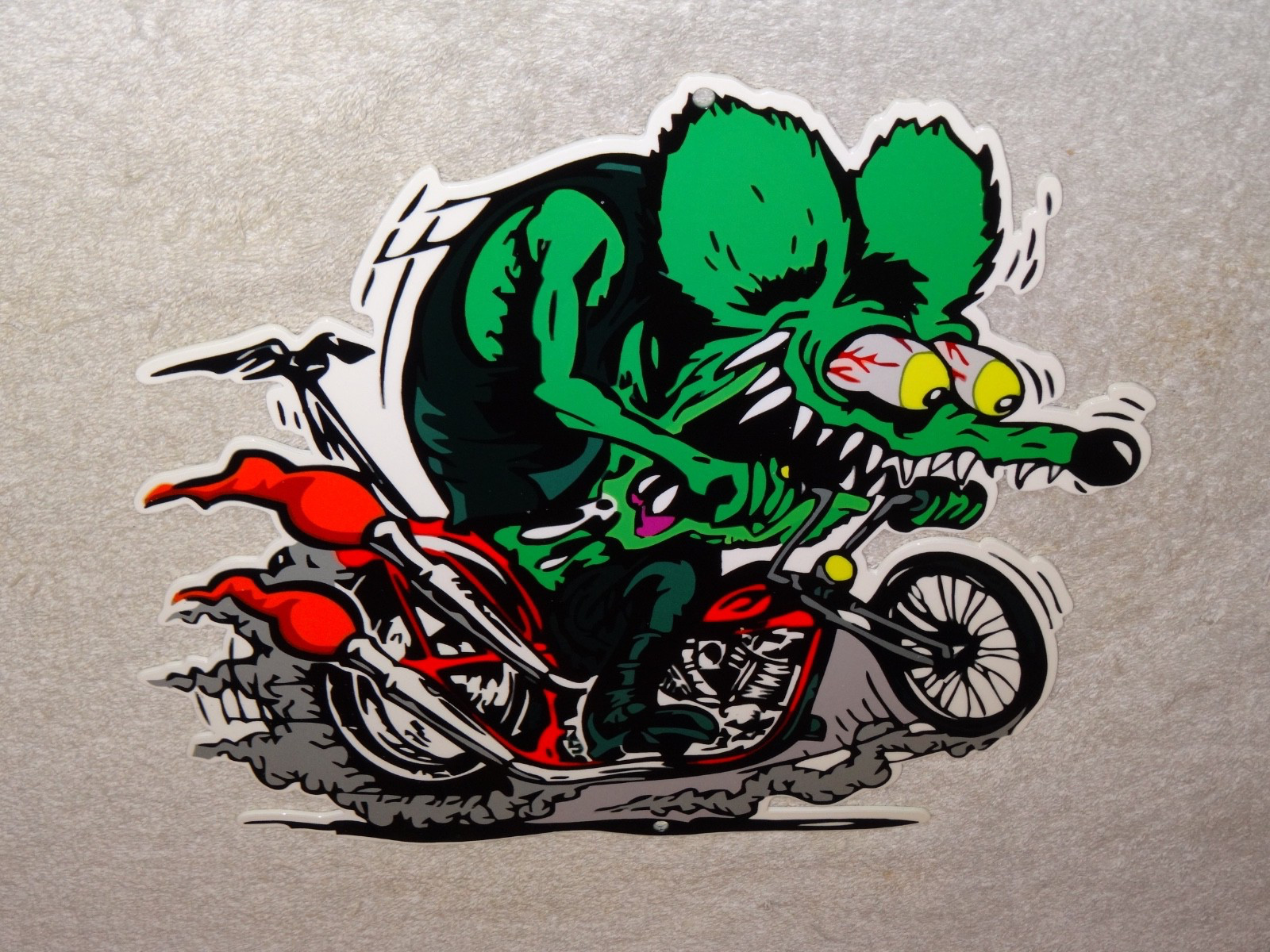 VINTAGE RATFINK RIDES MOTORCYCLE 12" PORCELAIN METAL RAT FINK GASOLINE OIL SIGN