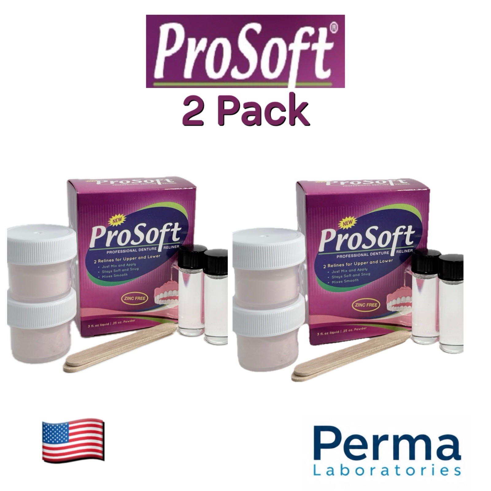 ProSoft Denture Reline Kit 2 Pack-Soft, Zinc-Free-4 Reliners-Easy DIY-USA Made