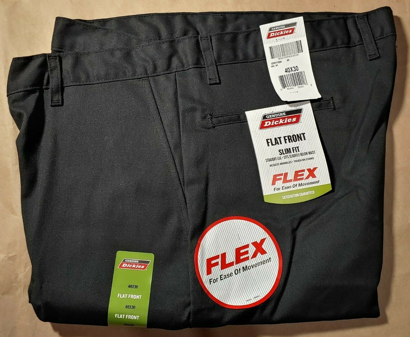 Dickies Work Pants Mens Flat Front Flex Straight Leg Slim Fit Black Size 40x30