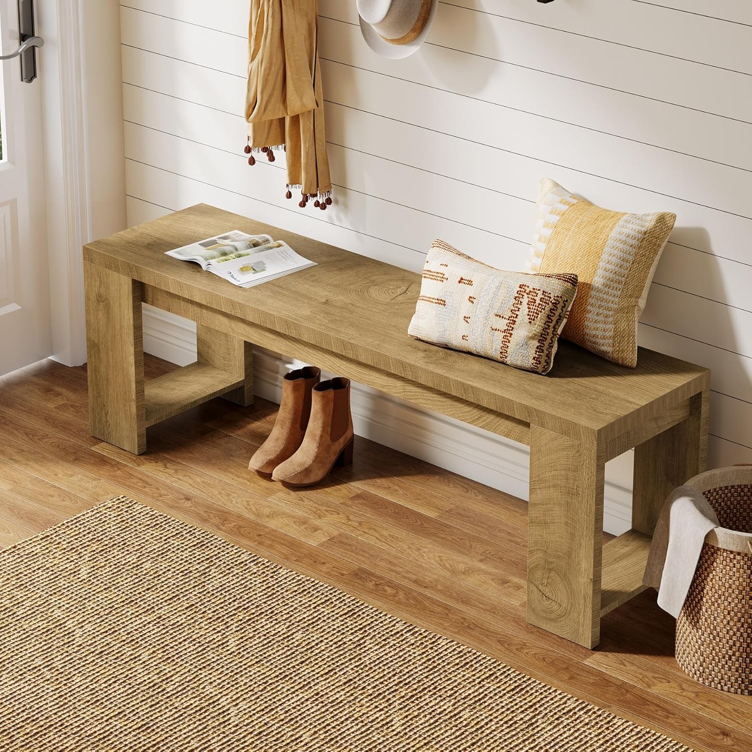 47.2-Inch Wooden Entryway Bench, Modern Farmhouse Shoe Bench for Hallway, Foyer