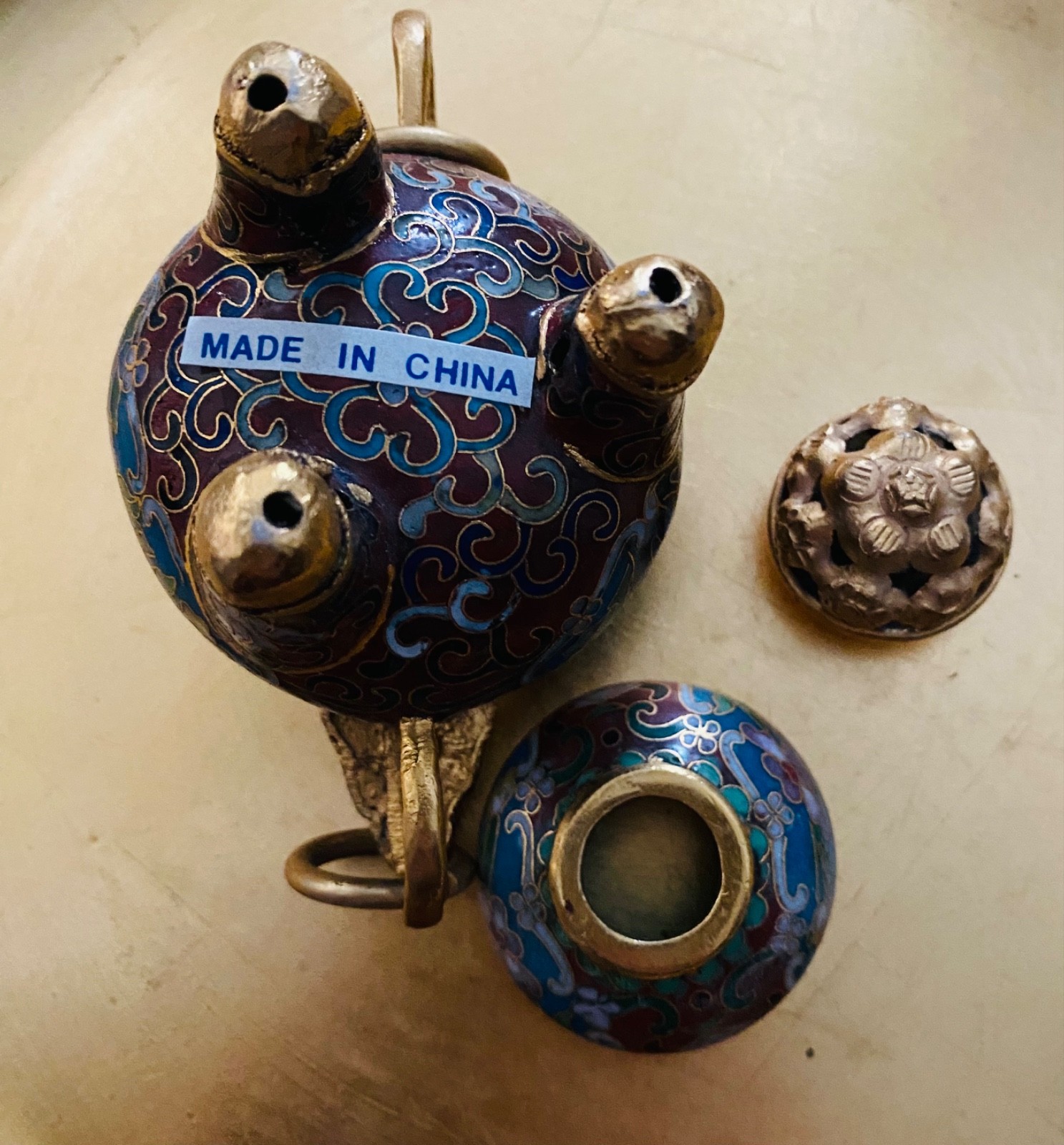 Vintage Chinese Incense Burner Cloisonne Enamel Gilt Bronze with Handles