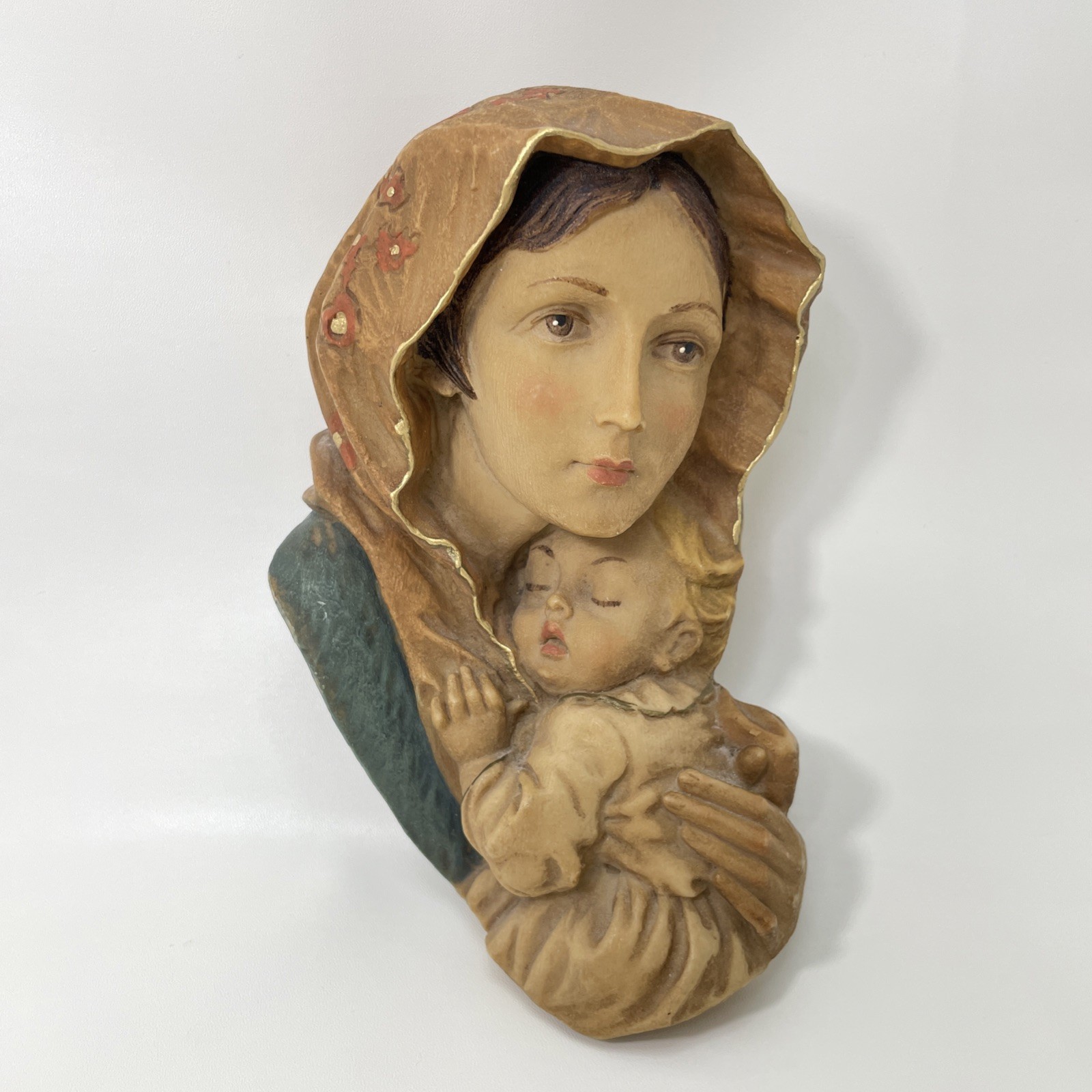 Mary & Baby Jesus Solid Resin Wall Plaque 7” Madonna Religious Decor Hand Painte