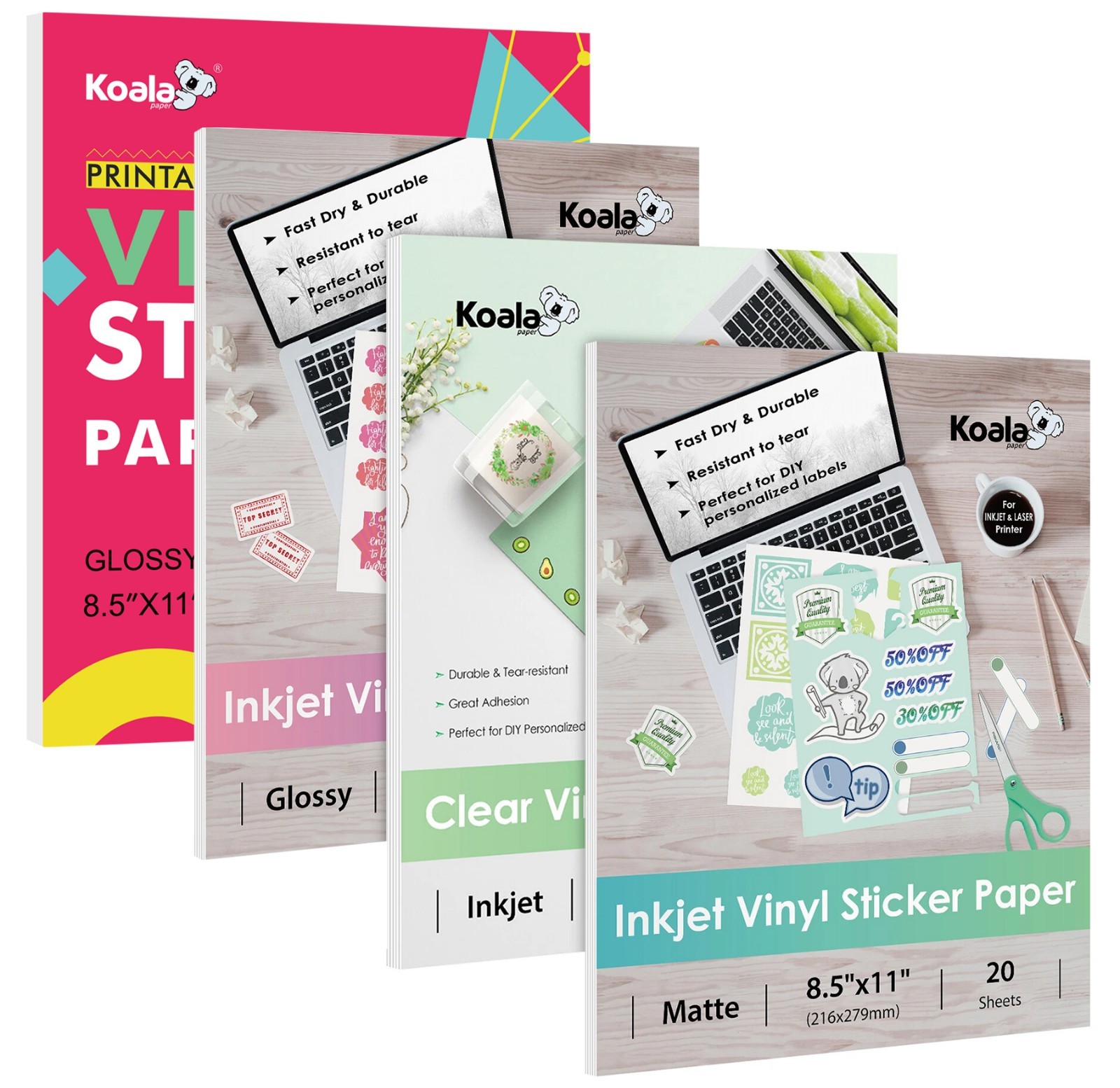 Lot 20-100 KOALA Printable Vinyl Sticker Paper Glossy/ Matte/ Clear Inkjet Laser