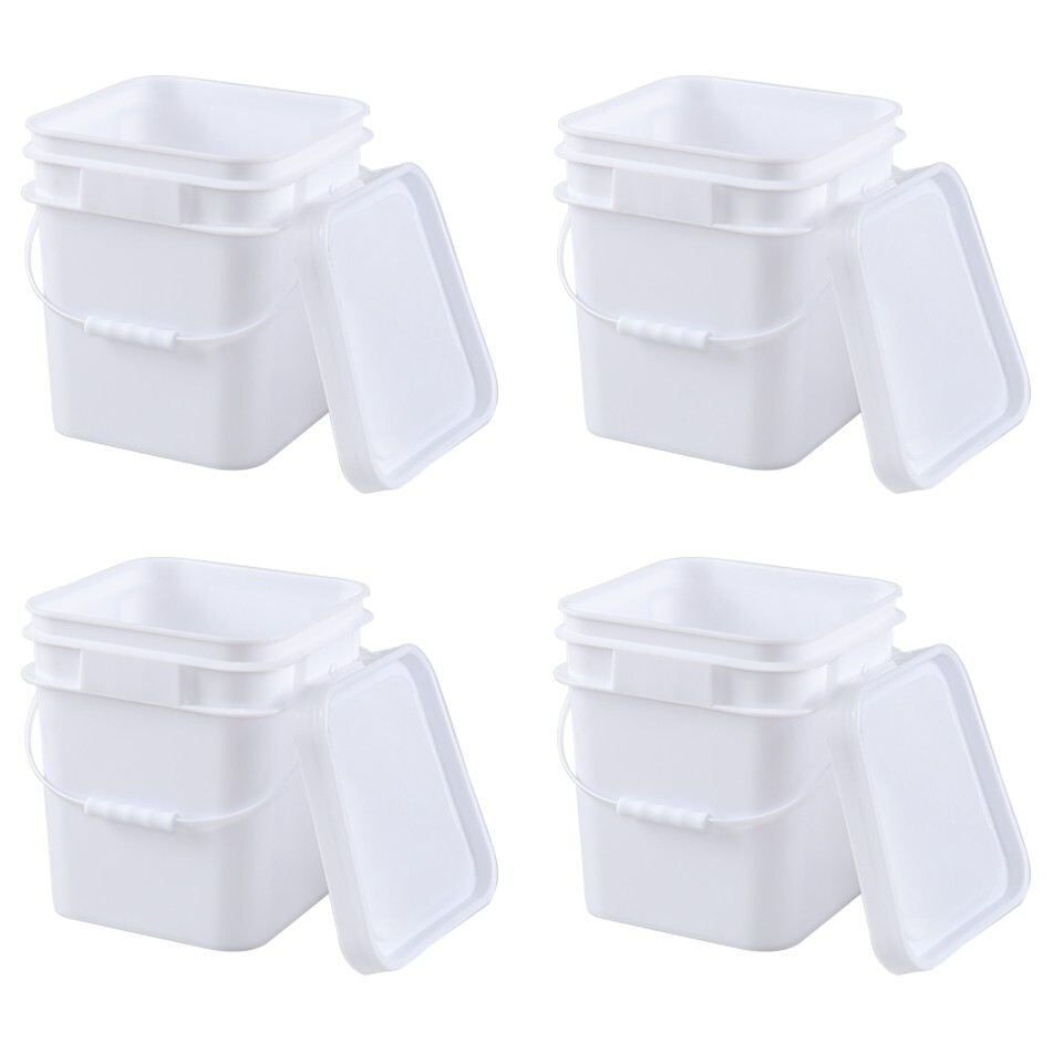 4-Pack 3 Gallon Square Food Grade Plastic Bucket Pail with Sealed Lid and Handle