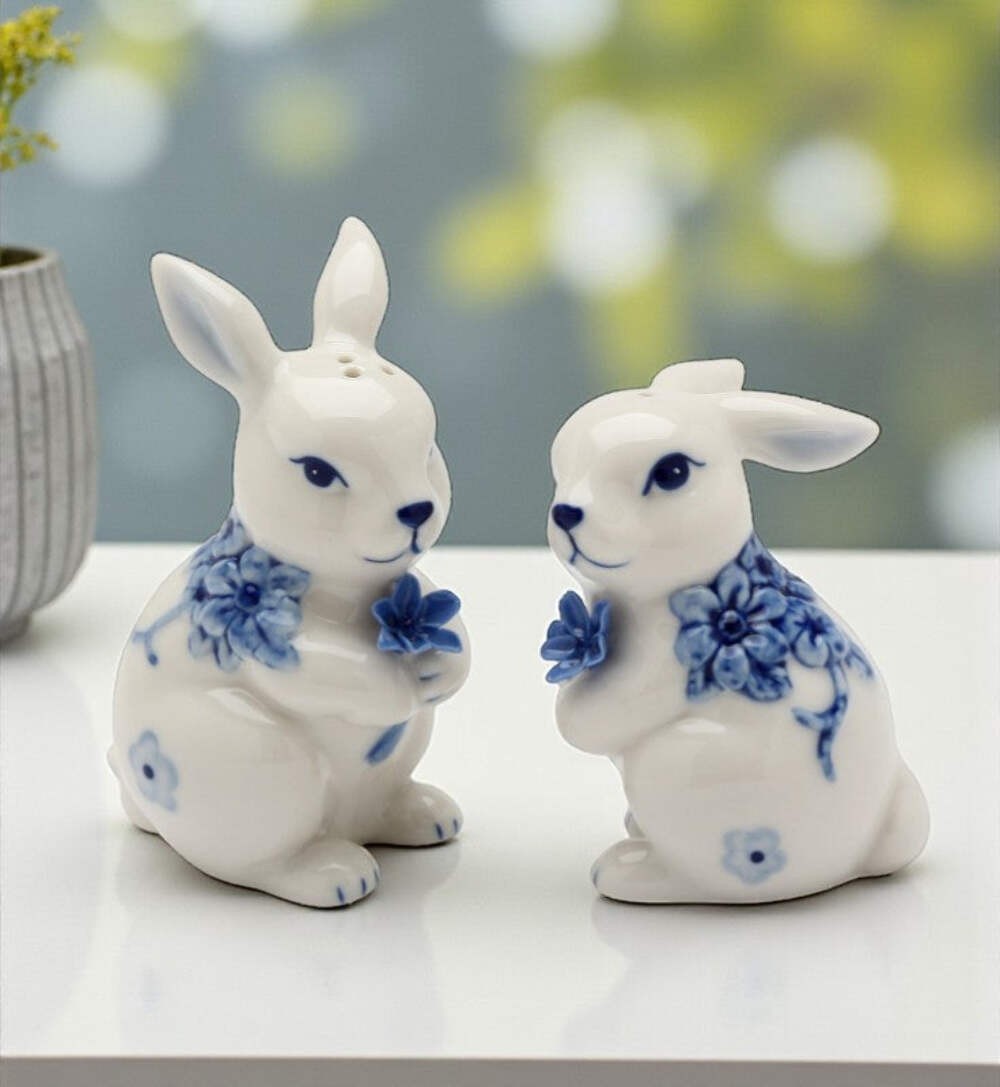 Ceramic Easter Bunny Rabbits with Blue Flowers Salt and Pepper Shakers, Gift for