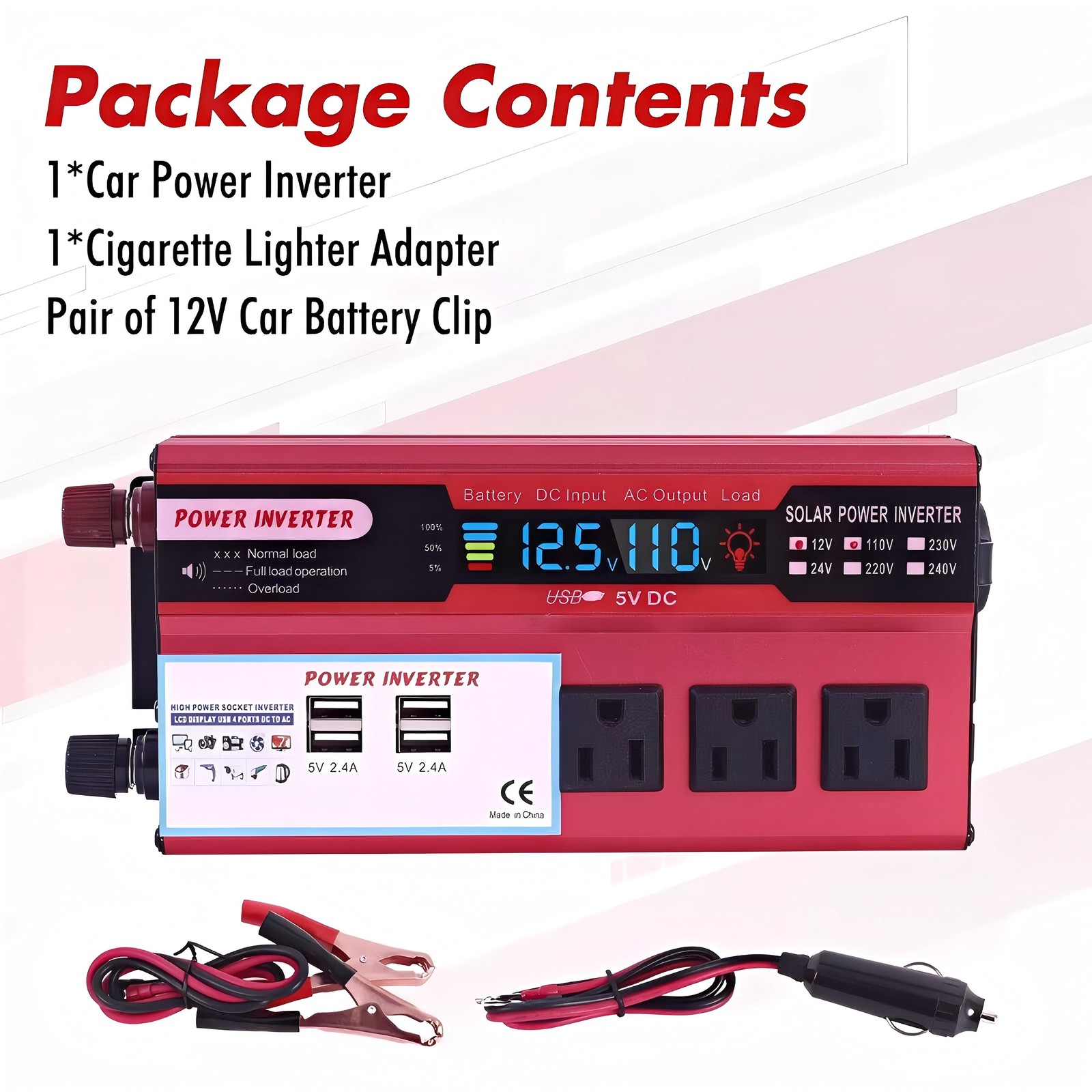 Car Power Inverter 5000W DC 12V To AC 110V Pure Sine Wave Solar Converter 4 USB