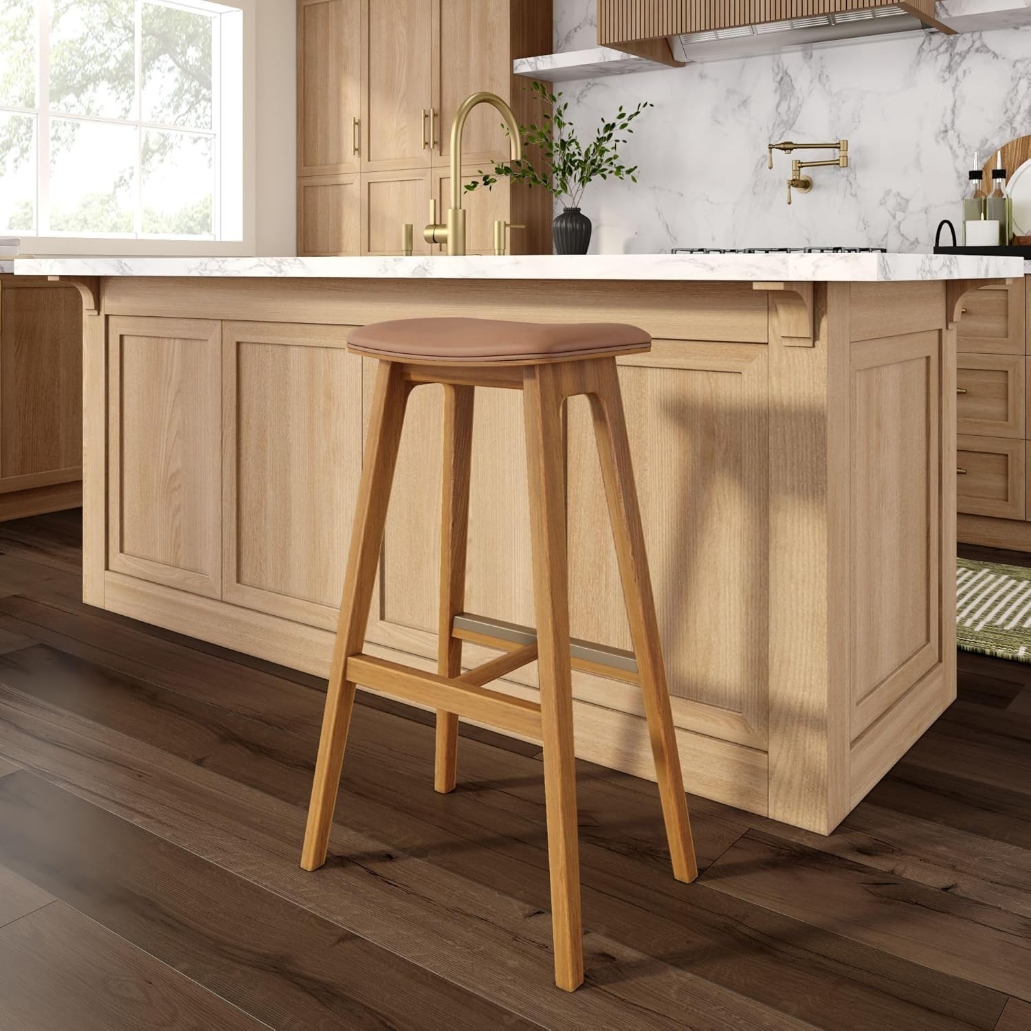 Plank+Beam Beryl Bar Height Stool Rubberwood Bar Stool Faux Leather Seat PECAN