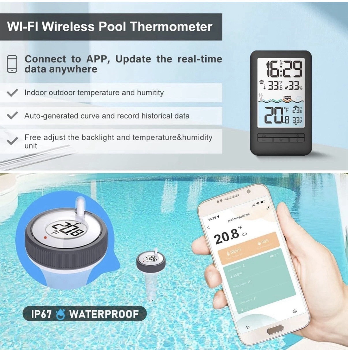 HEYAXA Wireless WiFi Pool Thermometer 4" Digital LCD Display Water Swimming Pool