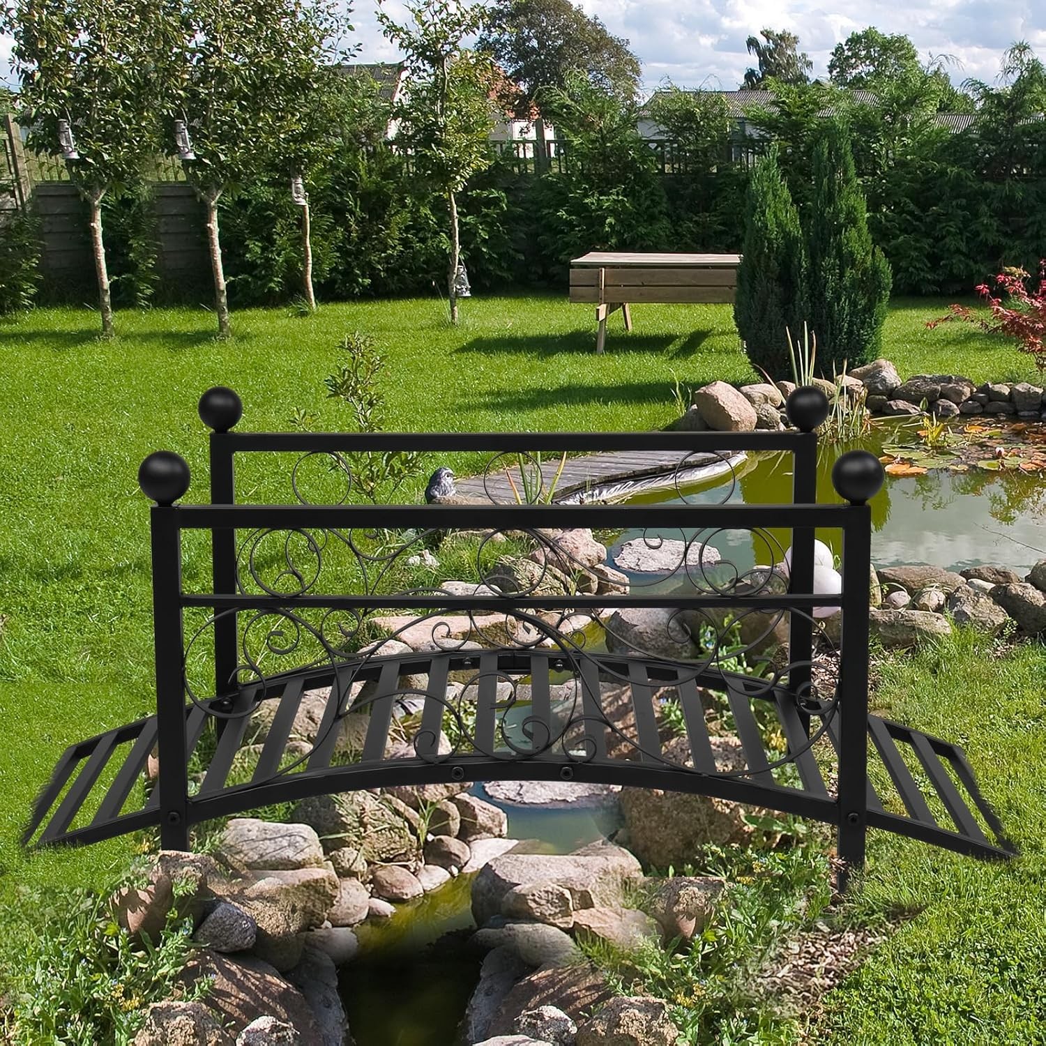 Outdoor Metal Arch Garden Bridge w/Safety Siderails, Decorative Iron Footbridge