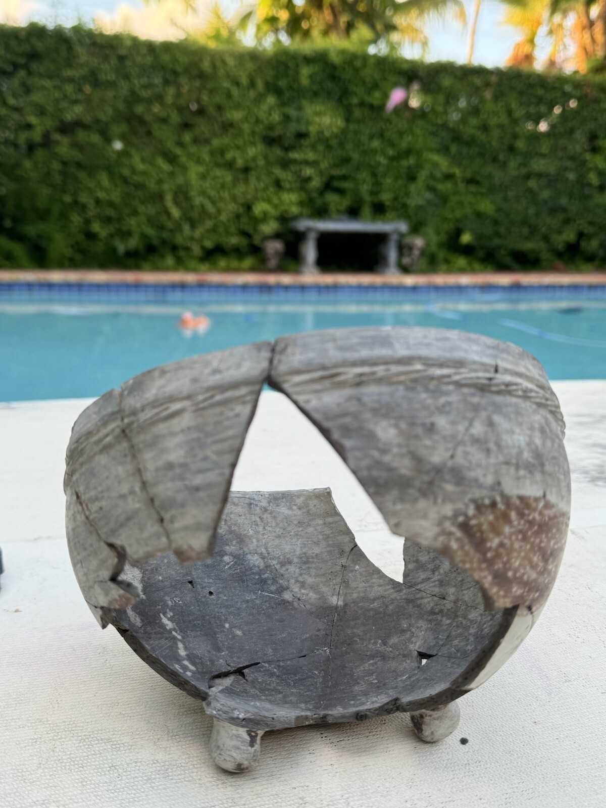 Native American PreColombian Rebuilt Footed Bowl Red Swirl Pattern Pottery Bowl