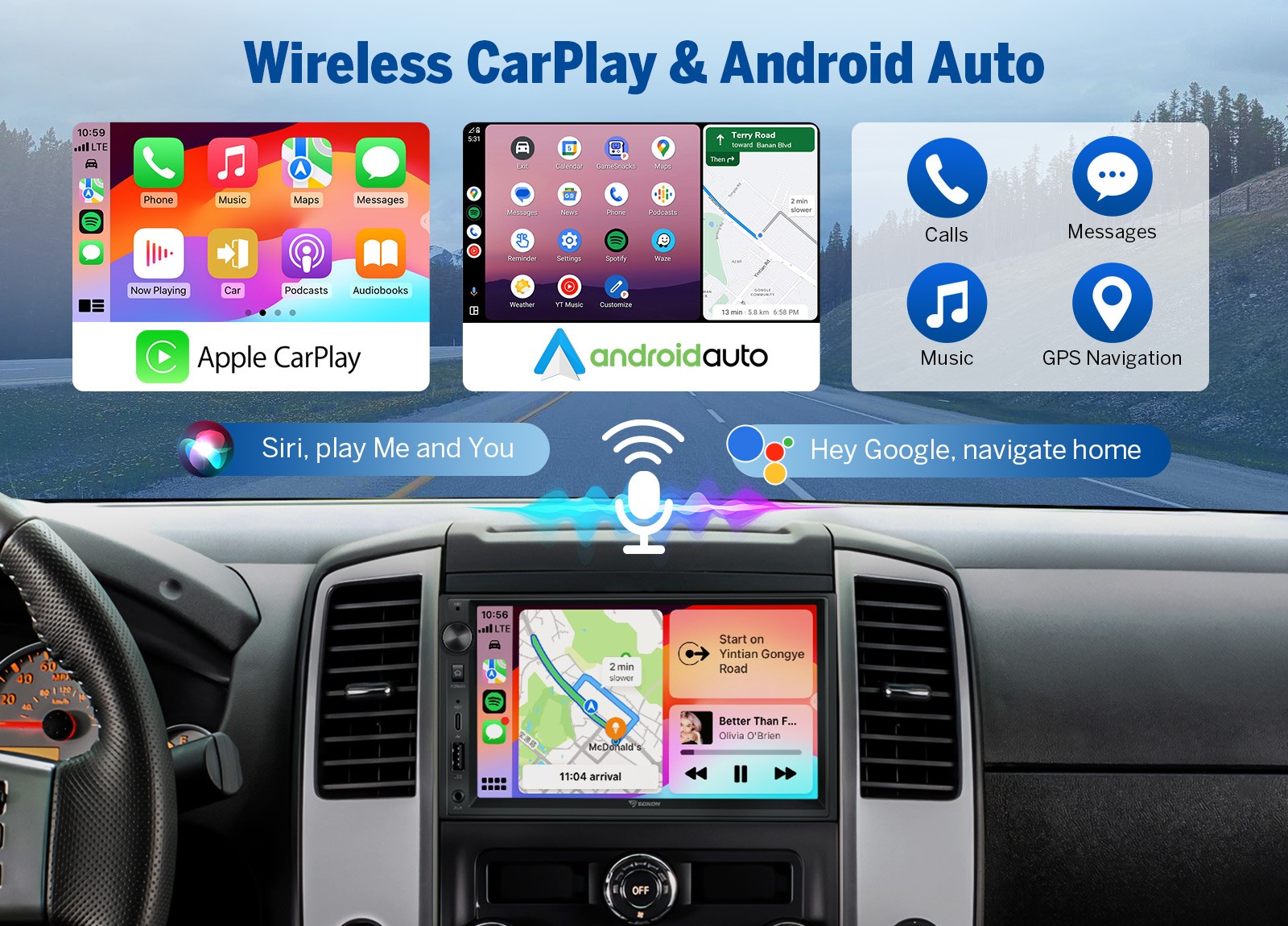 Android 14 7" IPS Double DIN GPS Wireless CarPlay Car Stereo Receiver BT 5.4 SWC