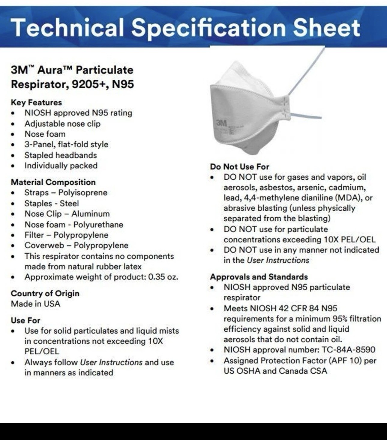20x 3M Aura 9205+ N95 NIOSH Approved Particulate Respirator Face Mask (20 Pack)