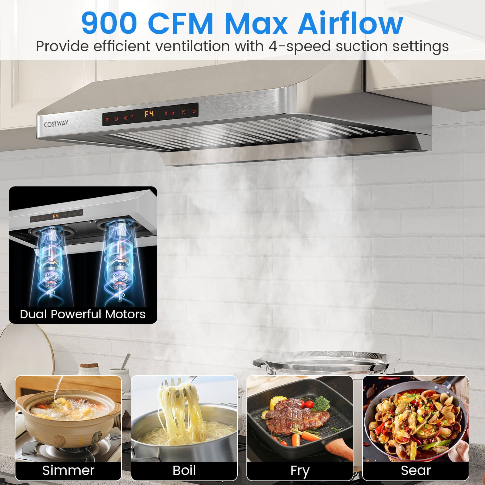 30 Inch 900 CFM Under Cabinet Range Hood w/Oil Collector, 4 Fan Speeds,Timer