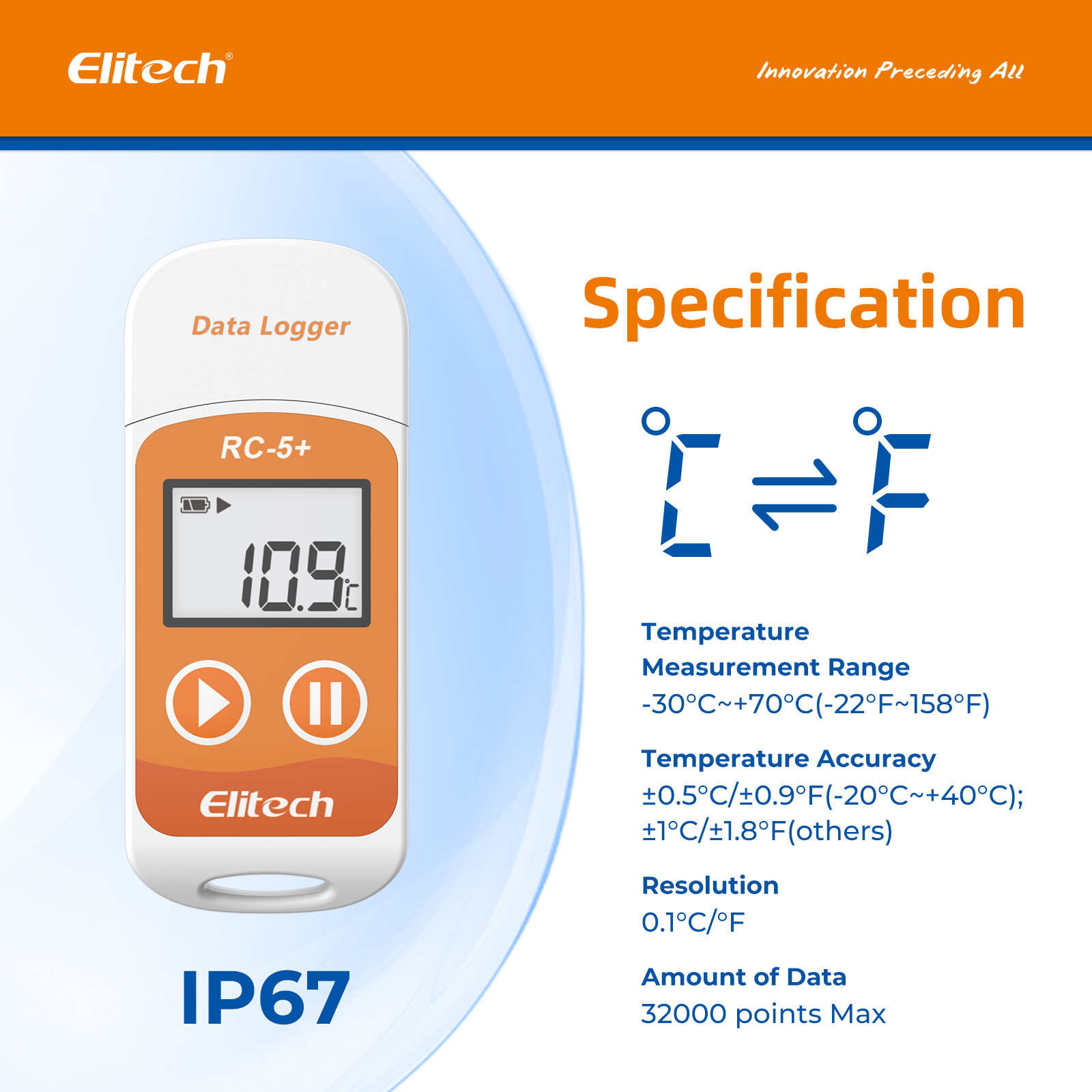 Elitech RC-5+ USB Temperature Data logger Temp Recorder PDF Reporter 32000 Point