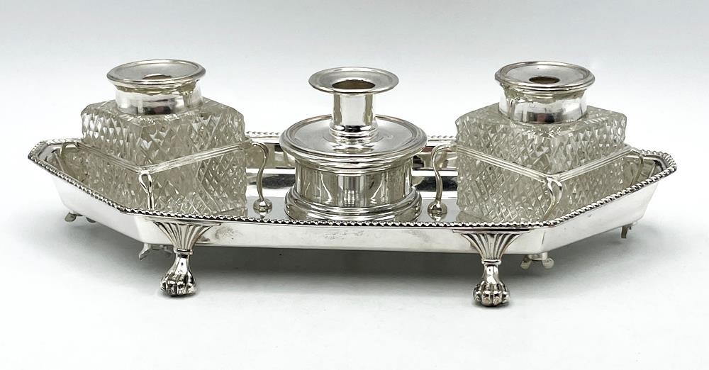 DESK INKSTAND SILVER PLATED ANTIQUE LION PAW FEET