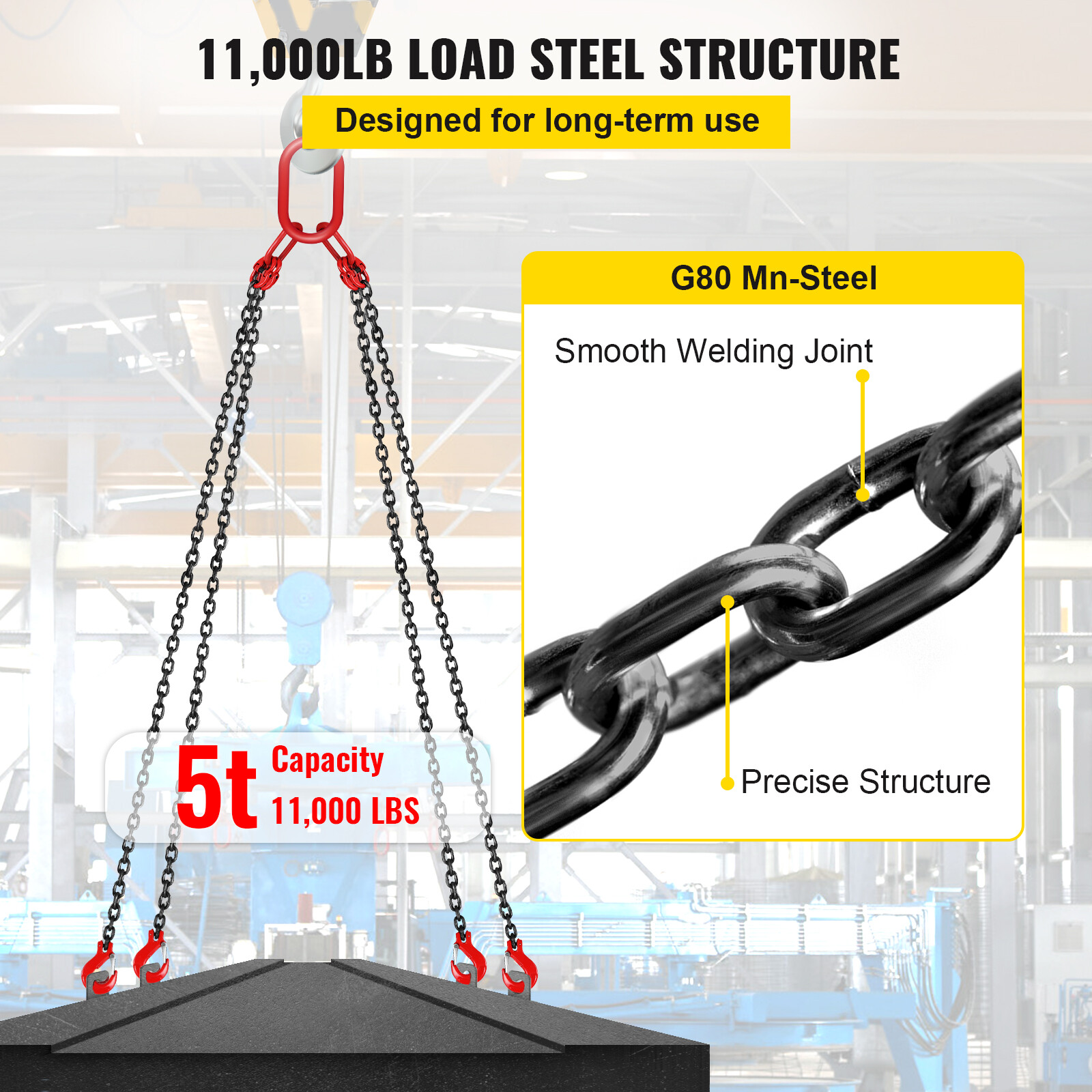 VEVOR 5/16"x10' Lifting Chain Sling G80 11023lbs 5Ton w/ 4 Legs ＆ Grab Hooks