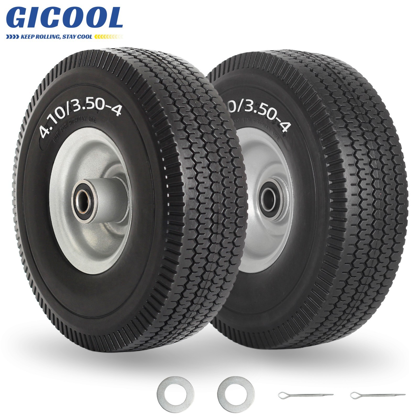 4.10/3.50-4 Flat Free Tire & Wheel for Hand Truck Garden Wagon Cart 2 Pack