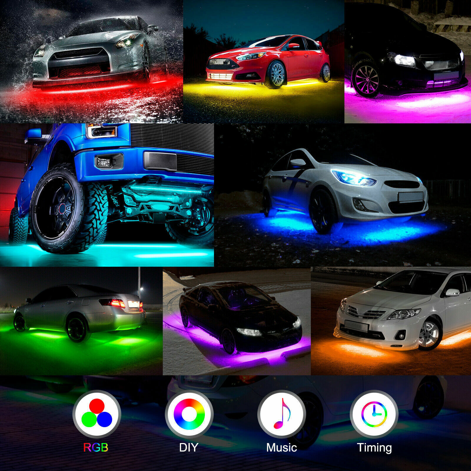 4 Pack RGB Under Car Strip Light Kit LED Neon Tube Underglow Underbody System
