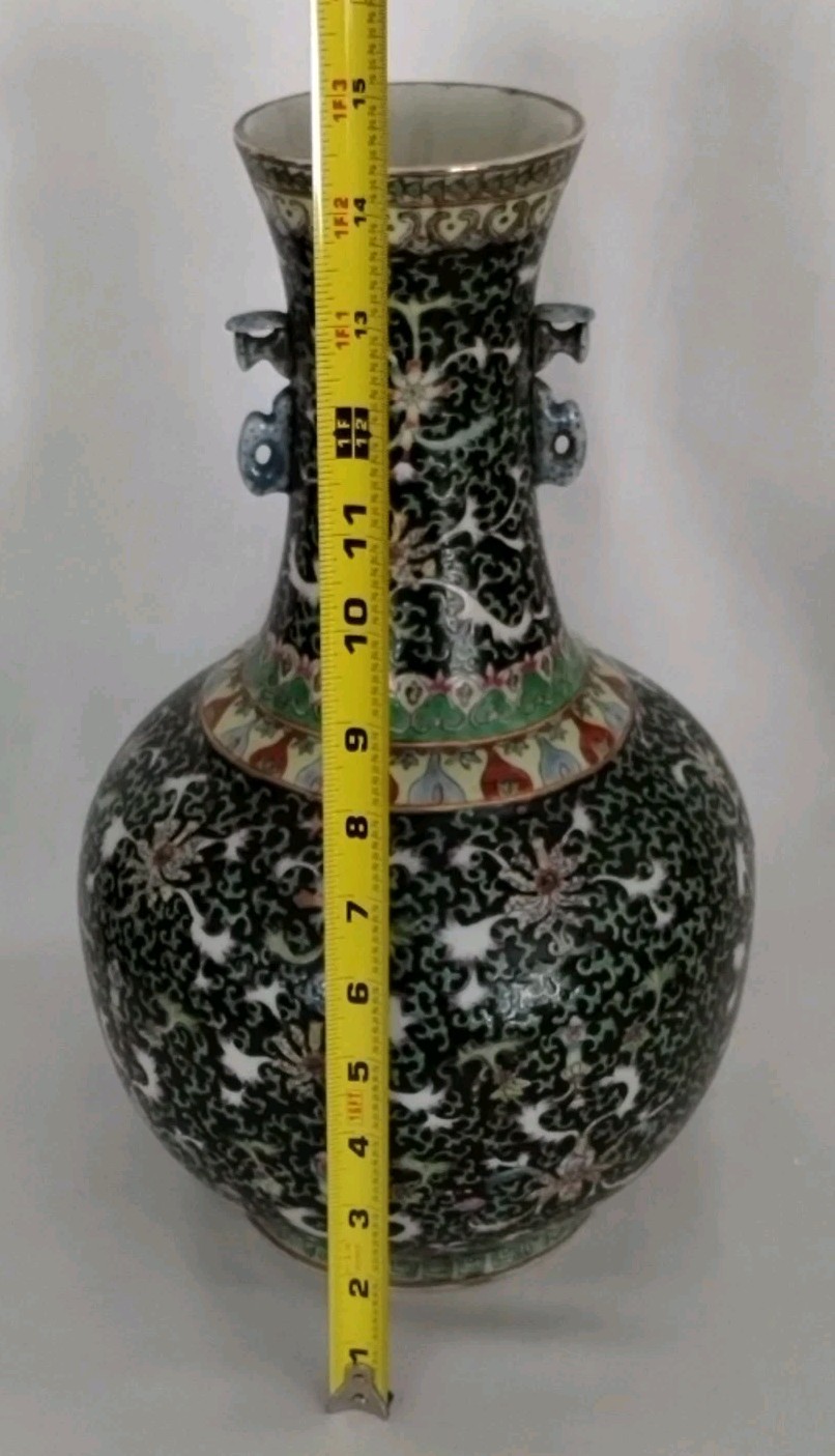 CHINESE BLACK PORCELAIN VASE 14" FLORAL FAMILLE NOIRE STYLE