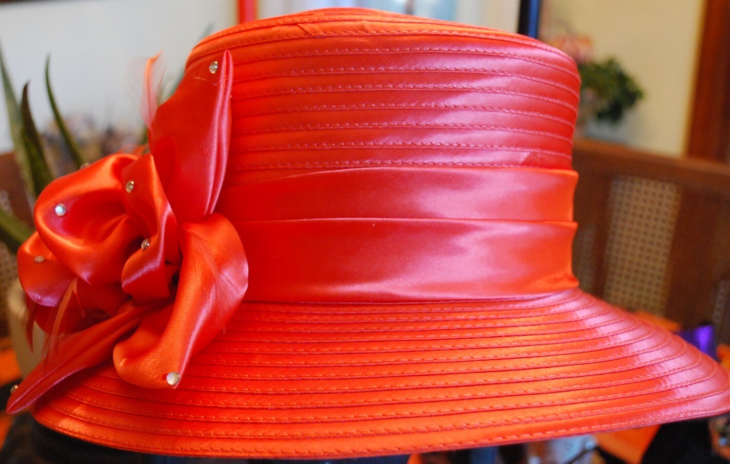 Vintage SOPHIA COLLECTION Ladies ORANGE Church Hat w Rhinestones & Feathers