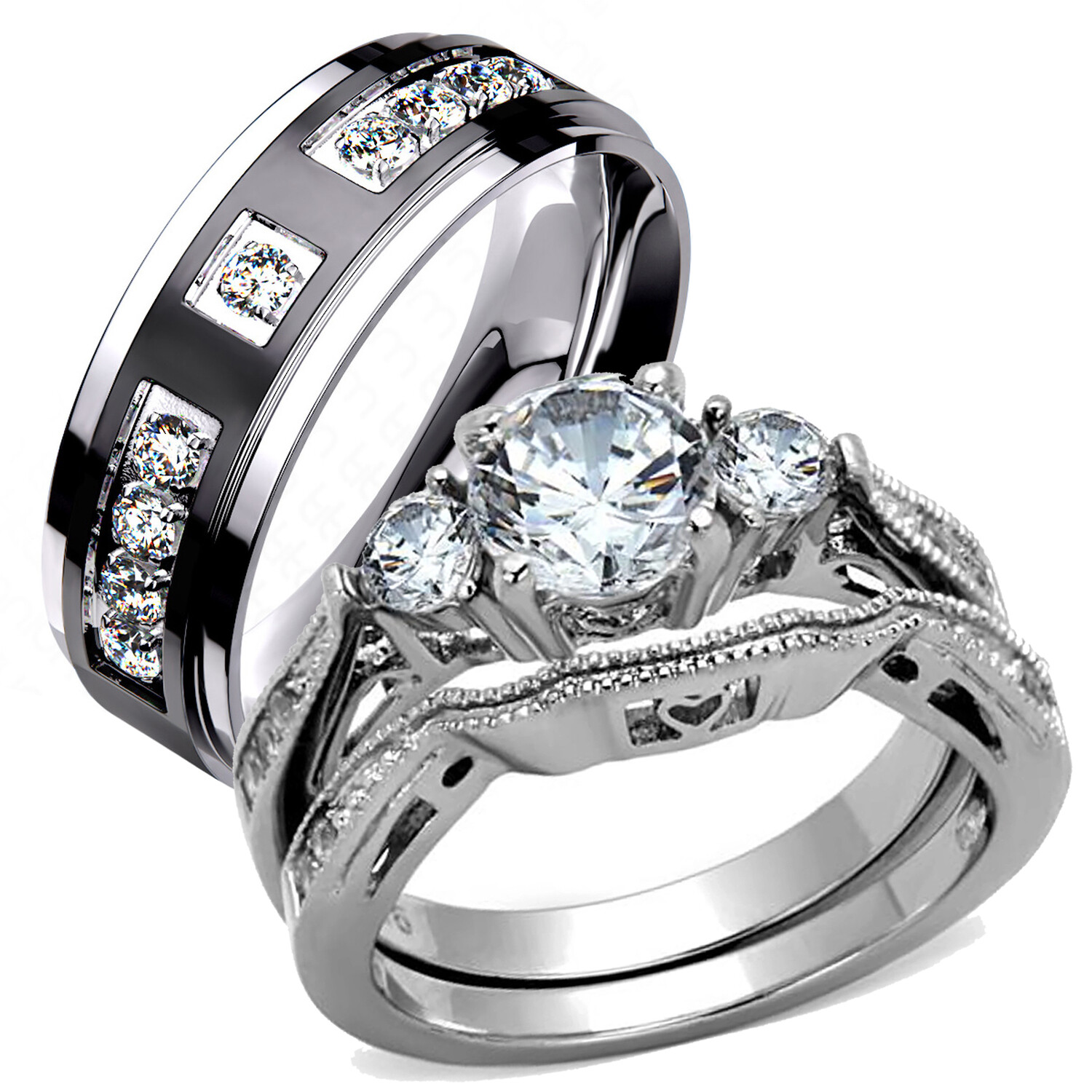 HERS & HIS STAINLESS STEEL 3 PIECE CZ WEDDING RING SET AND ETERNITY WEDDING BAND