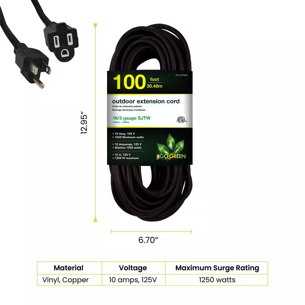 100 Ft. 16/3 SJT W-A Extension Cord - Black