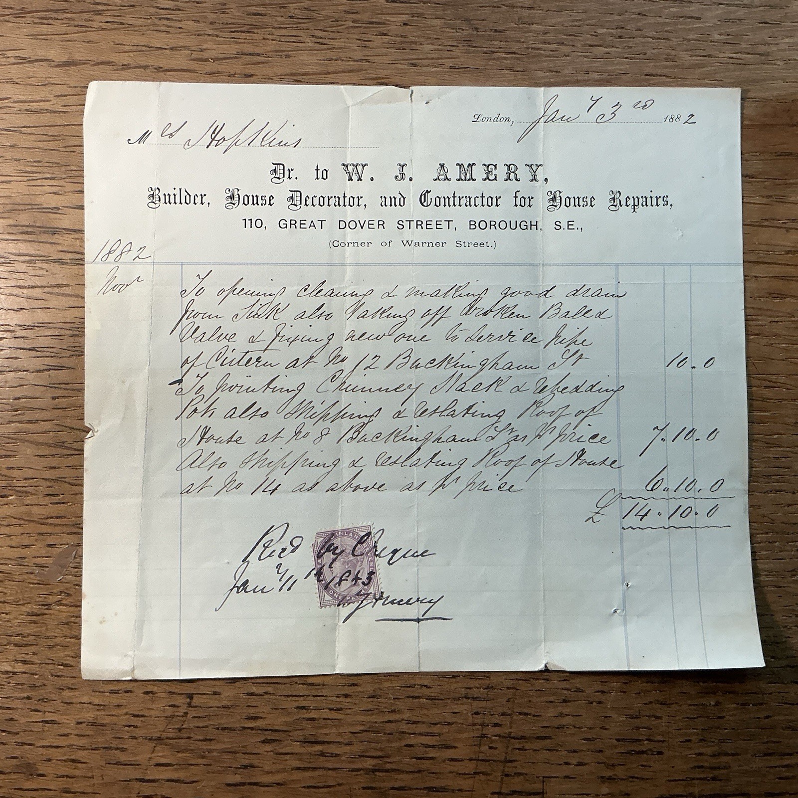 1882 Amery Builder Borough London Invoice