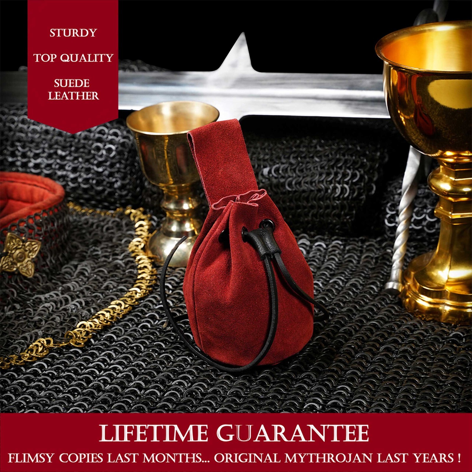 Medieval Leather Pouch Renaissance Larp Mini Bag Drawstring Closure Red Suede