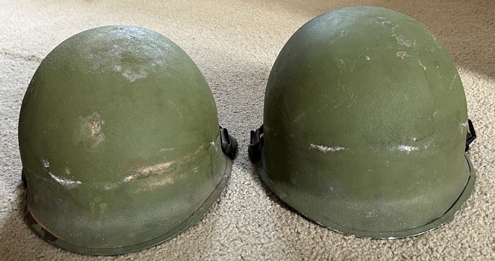 Lot of (2) Vintage Military Helmets 1970s-1980s Era Light Green 07 On Strap