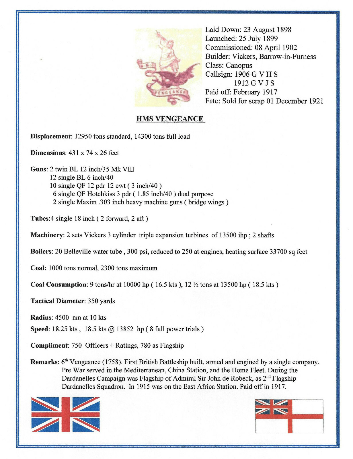 ROYAL NAVY BATTLESHIP HMS VENGEANCE 1899 8 X10 PHOTOGRAPH WITH STATS SHEET