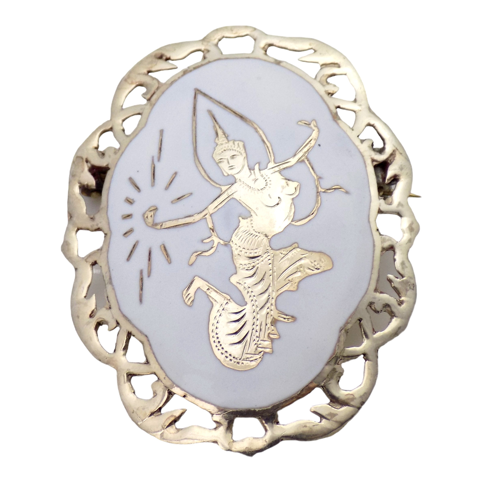 ESTATE SIAM STERLING & WHITE ENAMEL DANCER BROOCH 7.9GR #1857
