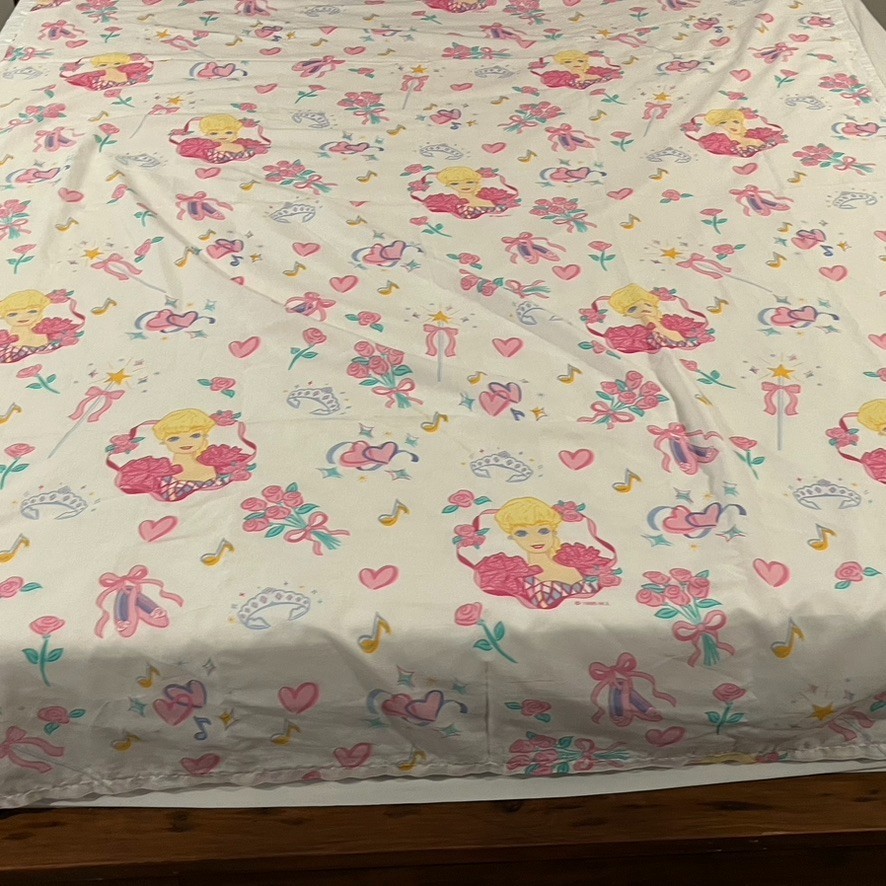 Barbie Flat Bed Sheet VTG 1995 Dan River Pink White Ballerina Twin Size 90x66"