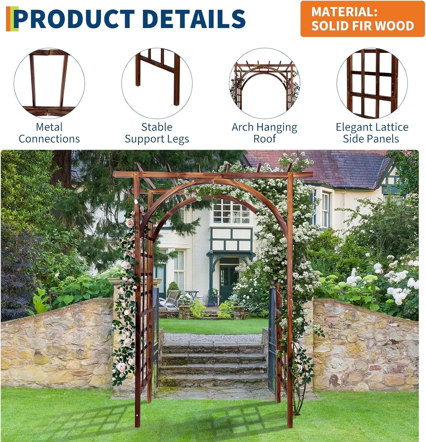 7 Ft Garden Wooden Arbor Arch Pergola Trellis Arched and Flat Top for Yard Decor