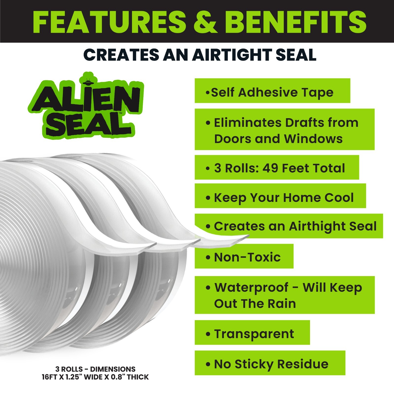 Alien Seal Transparent Weather Stripping Insulation Tape for Drafts - 3 Pack