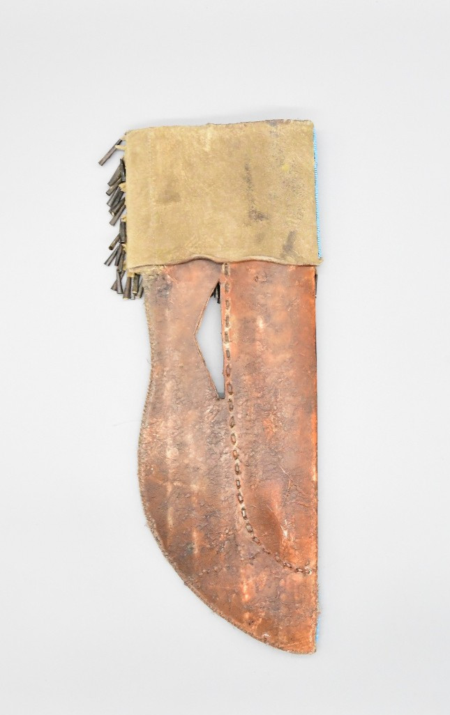 14" 1880s Blackfoot Knife Sheath Blue Beaded and Rawhide With Cones