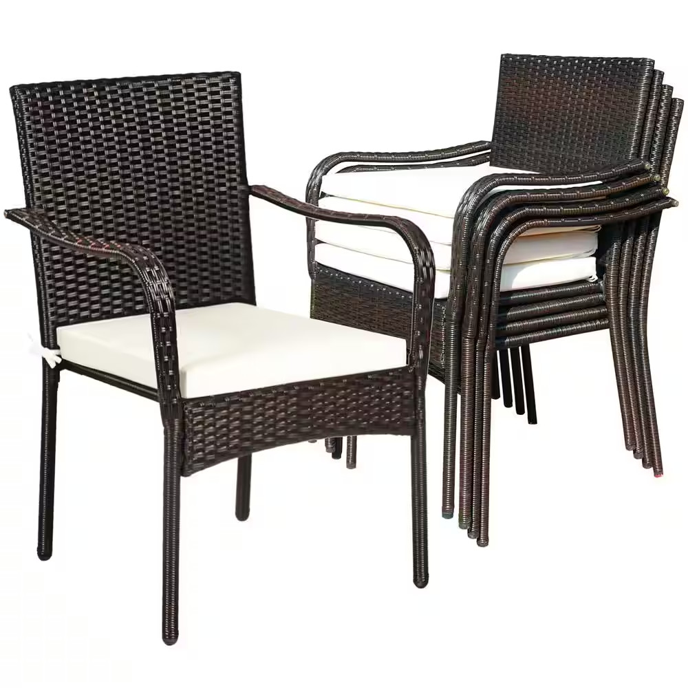 Cushioned Wicker Outdoor Dining Chair Stackable with Cushionguard Beige Cushions