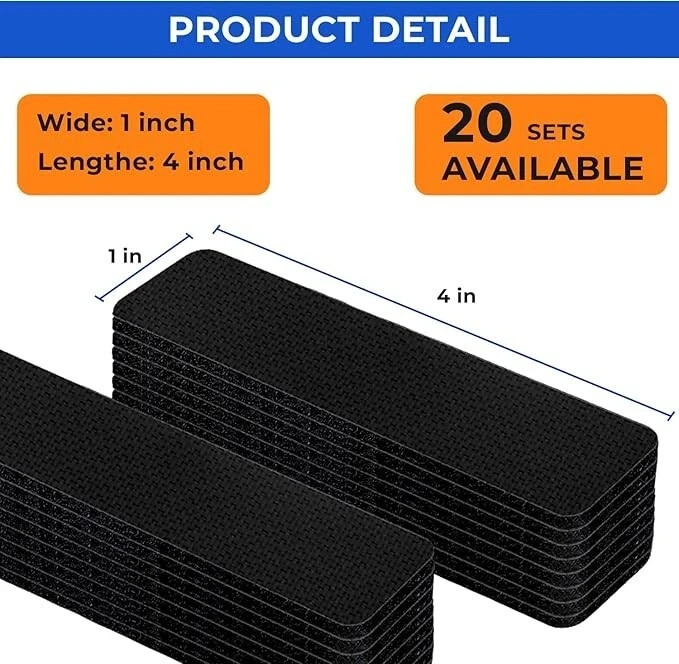 20 Sets Heavy Duty Hook & Loop Adhesive Strips 1x4” Black Sticky Back Fastener