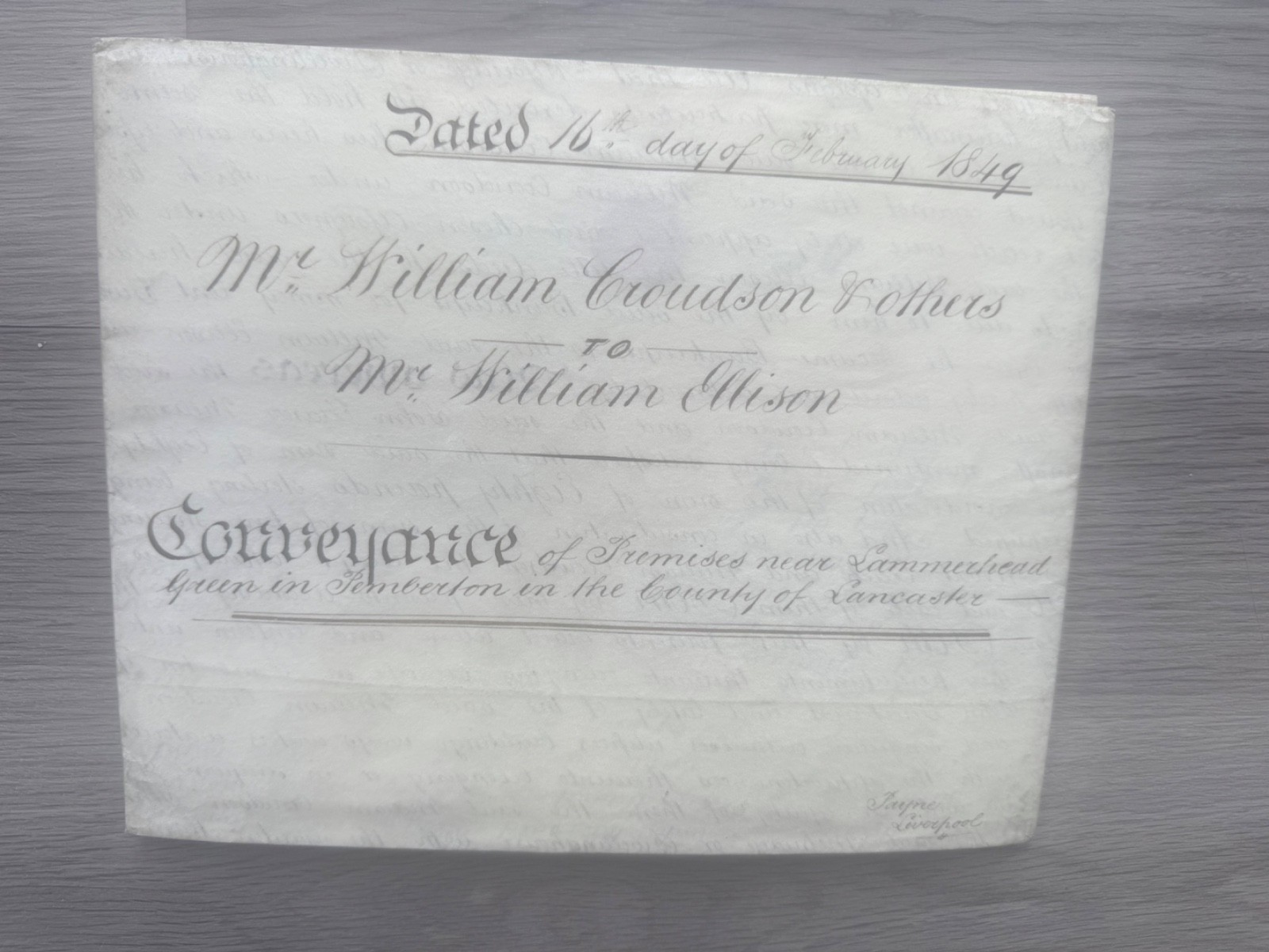 Pemberton Lancashire Vellum Indenture Land Deed 1849 Croudson to Fraser Wax Seal