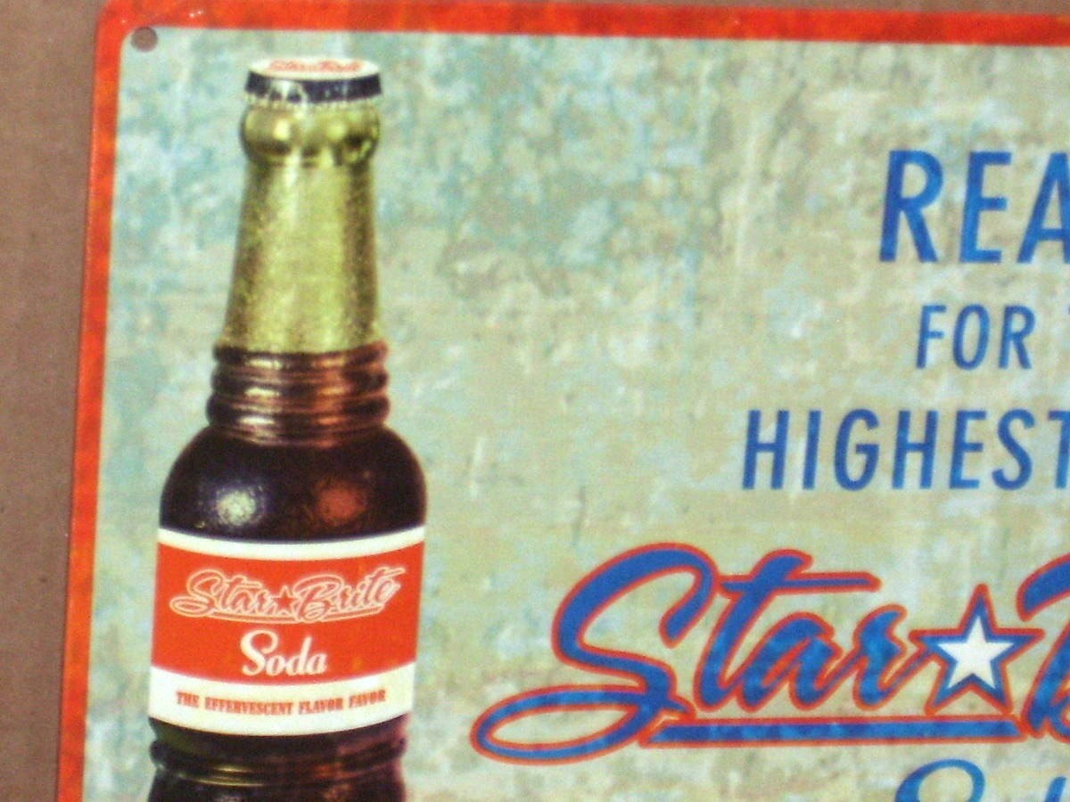 STAR BRITE SODA - TIN SIGN - Shows PRETTY GIRL - Drinking from OLD GLASS BOTTLE