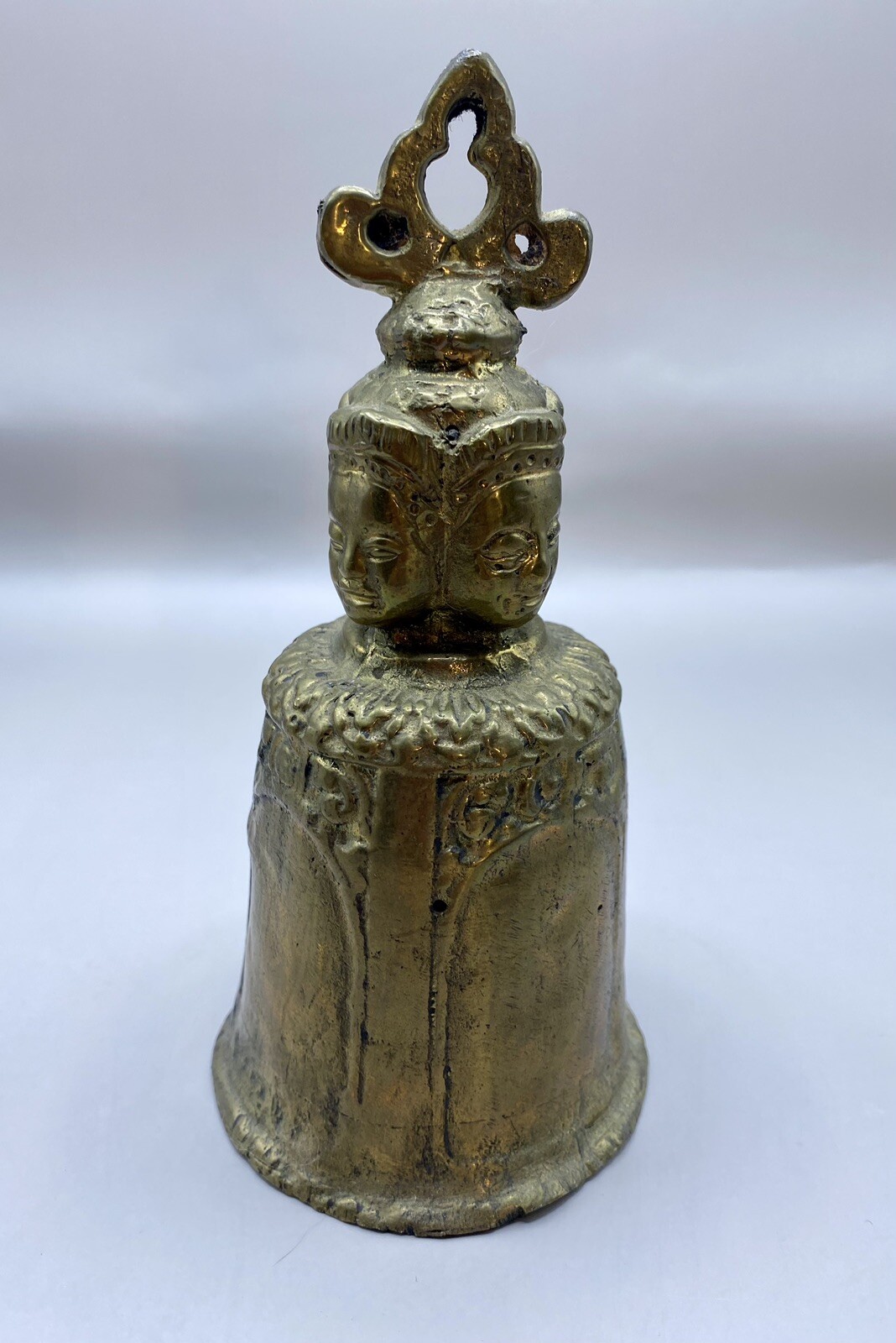 Antique BRONZE TEMPLE BELL Buddhist Tibetan Ritual Temple Bell W/ 4 Faces Handle