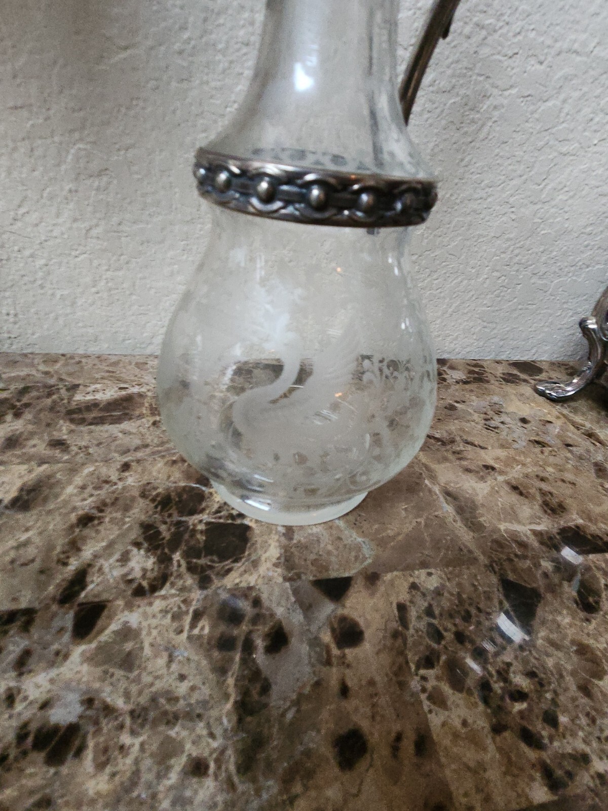 RARE Antique Circa Art Nouveau Silver Plate Etched Glass Claret Jug decanter